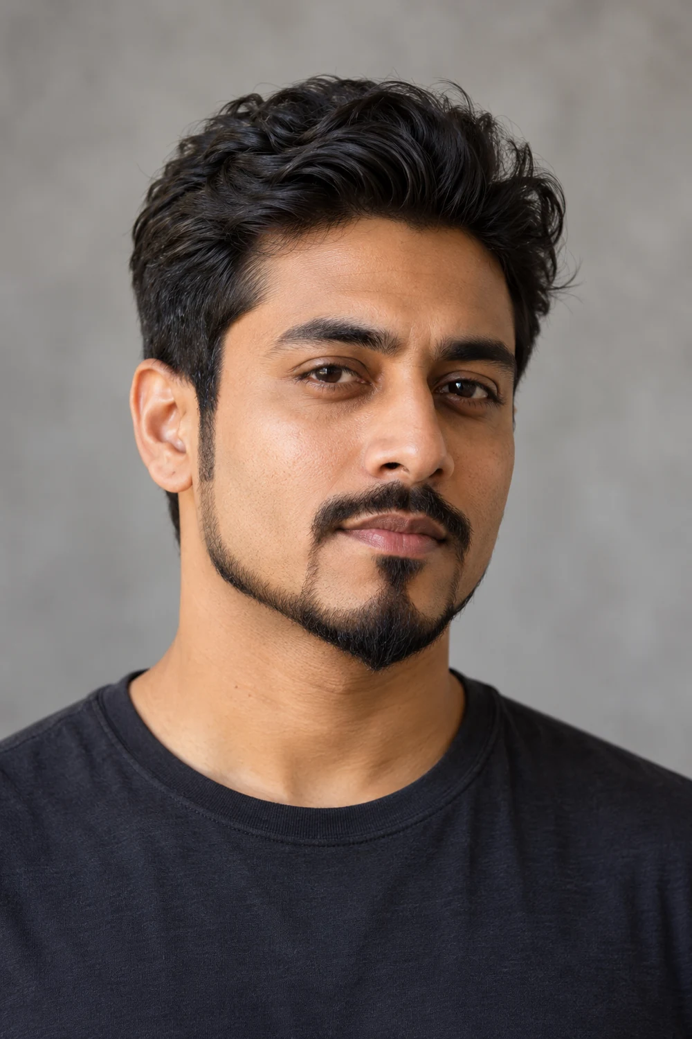 Fictional adult South Asian man with a compact pointed chin beard, slim lower-jaw extensions, clean cheeks, and a separate mustache.