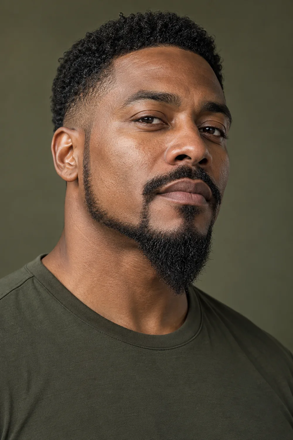 Fictional adult Black man in a dark olive shirt, wearing an elongated pointed chin beard with narrow jaw extensions, clean cheeks, and a detached mustache.