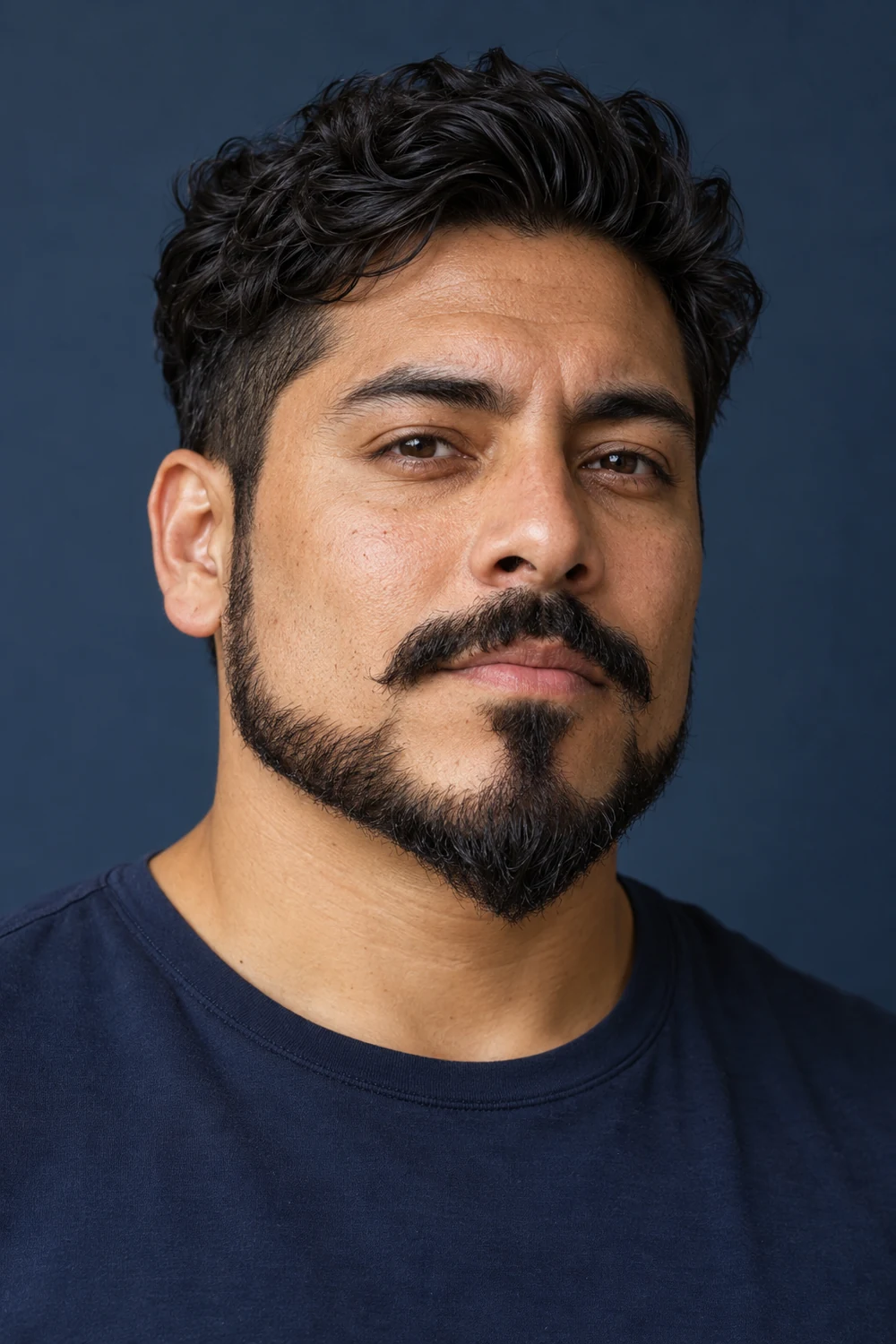 Fictional adult man with a broad anchor beard, wavy lower-jaw extensions narrowing to a pointed chin, clean cheeks, and a separate mustache.