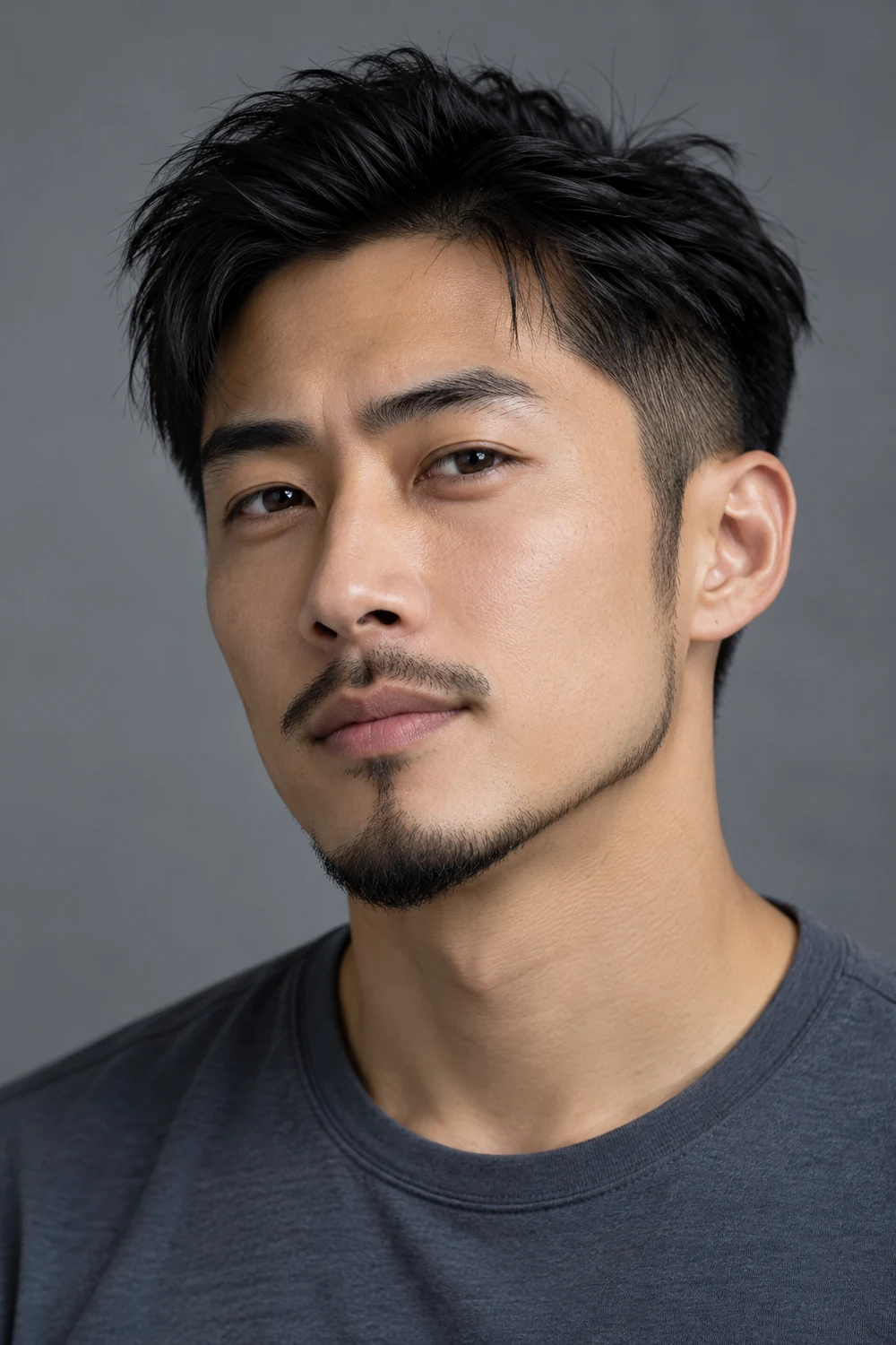 Photorealistic three-quarter portrait of a fictional adult East Asian man with a slender pointed anchor beard, narrow jaw extensions, clean cheeks, and a small detached mustache.