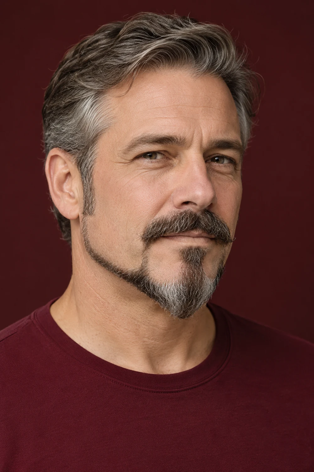 Fictional middle-aged man with a softly rounded anchor beard tip, narrow jaw extensions, clean cheeks, and a detached mustache.