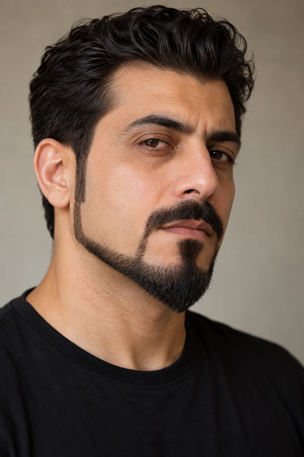 Close three-quarter portrait of a fictional adult man with an anchor beard, clean high cheeks, narrow jaw extensions, pointed chin, and separate angular mustache.