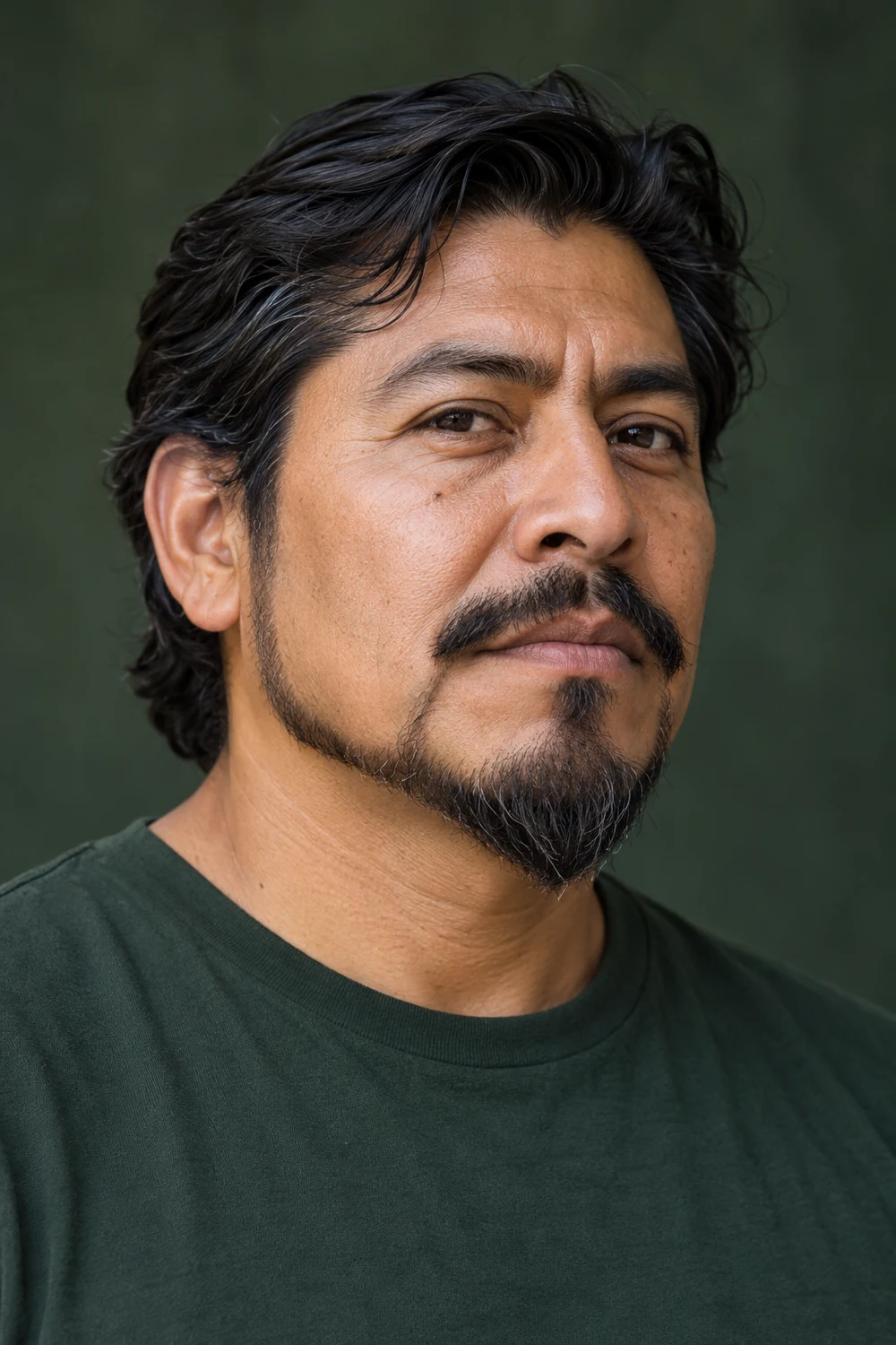 Fictional adult man in a forest-green shirt, shown in three-quarter view with a softly edged anchor beard, wavy pointed chin, narrow jaw extensions, clean cheeks, and a separate curved mustache.
