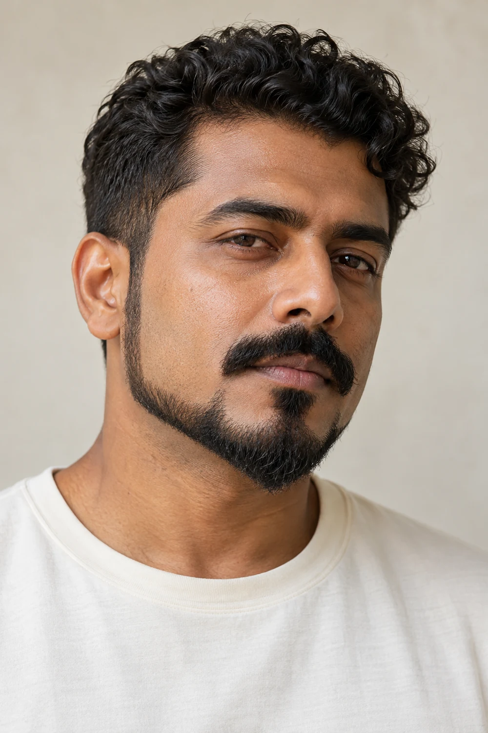 Fictional adult South Asian man with tightly curled hair, a pointed chin beard connected to slim jaw extensions, clean cheeks, and a detached mustache.