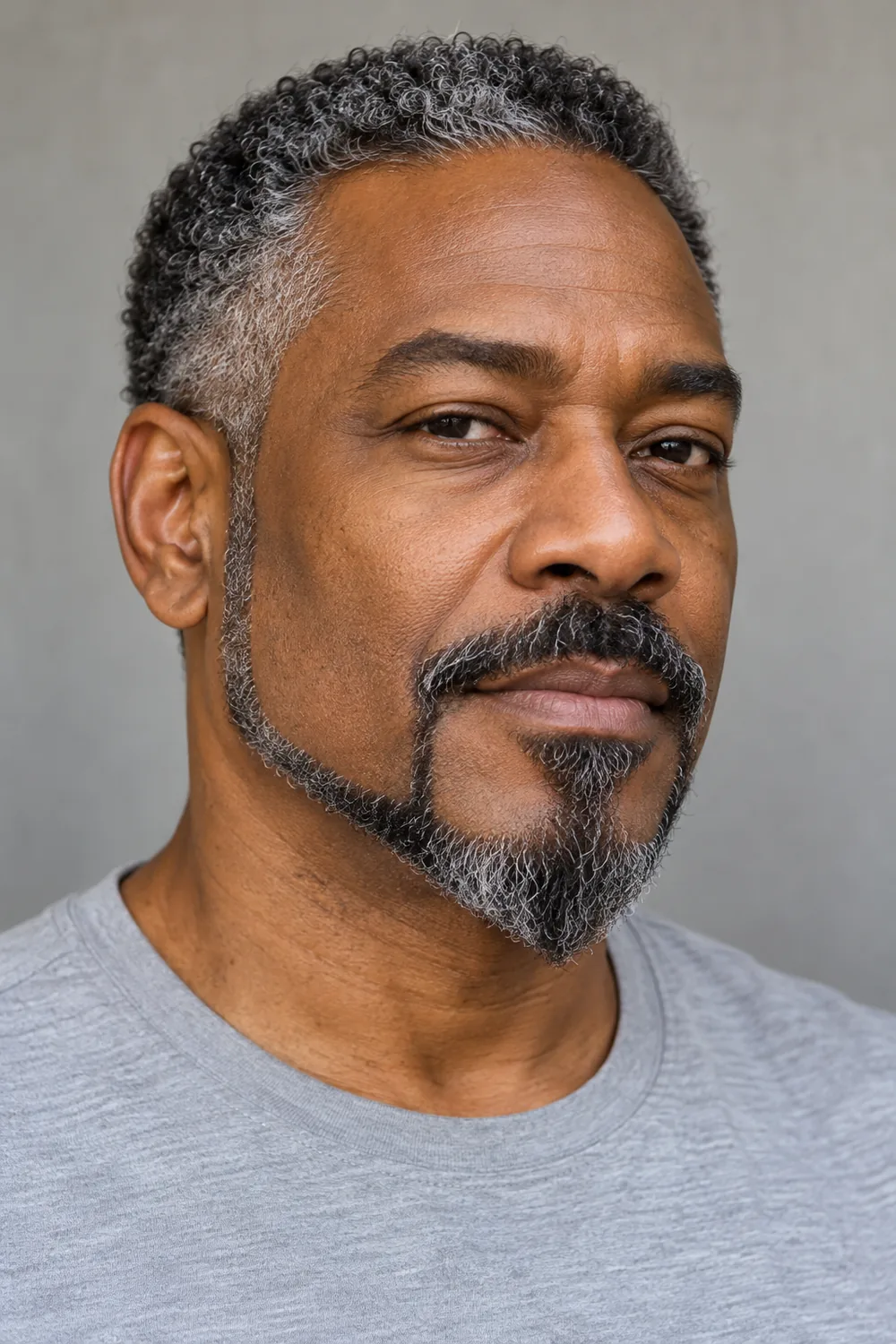 Fictional adult Black man with naturally graying hair, a broad detached mustache, slim jaw extensions, clean cheeks, and a pointed anchor beard.