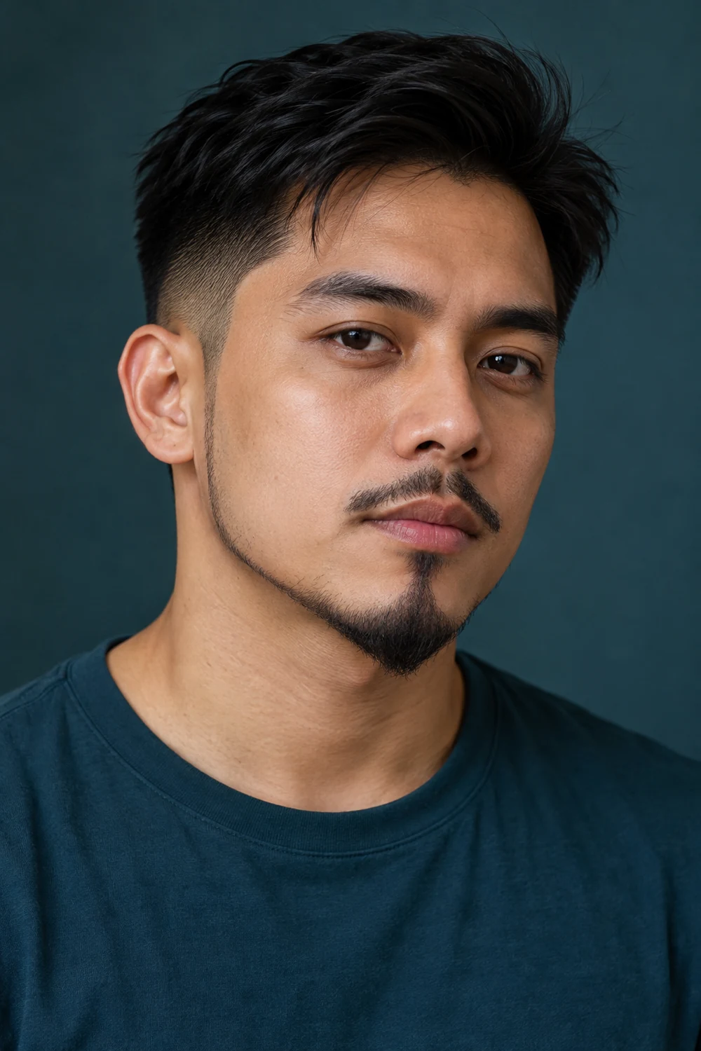 Three-quarter portrait of a fictional adult man with a fine pencil mustache, narrow lower-jaw extensions, and a pointed chin beard; his cheeks are mostly clean.