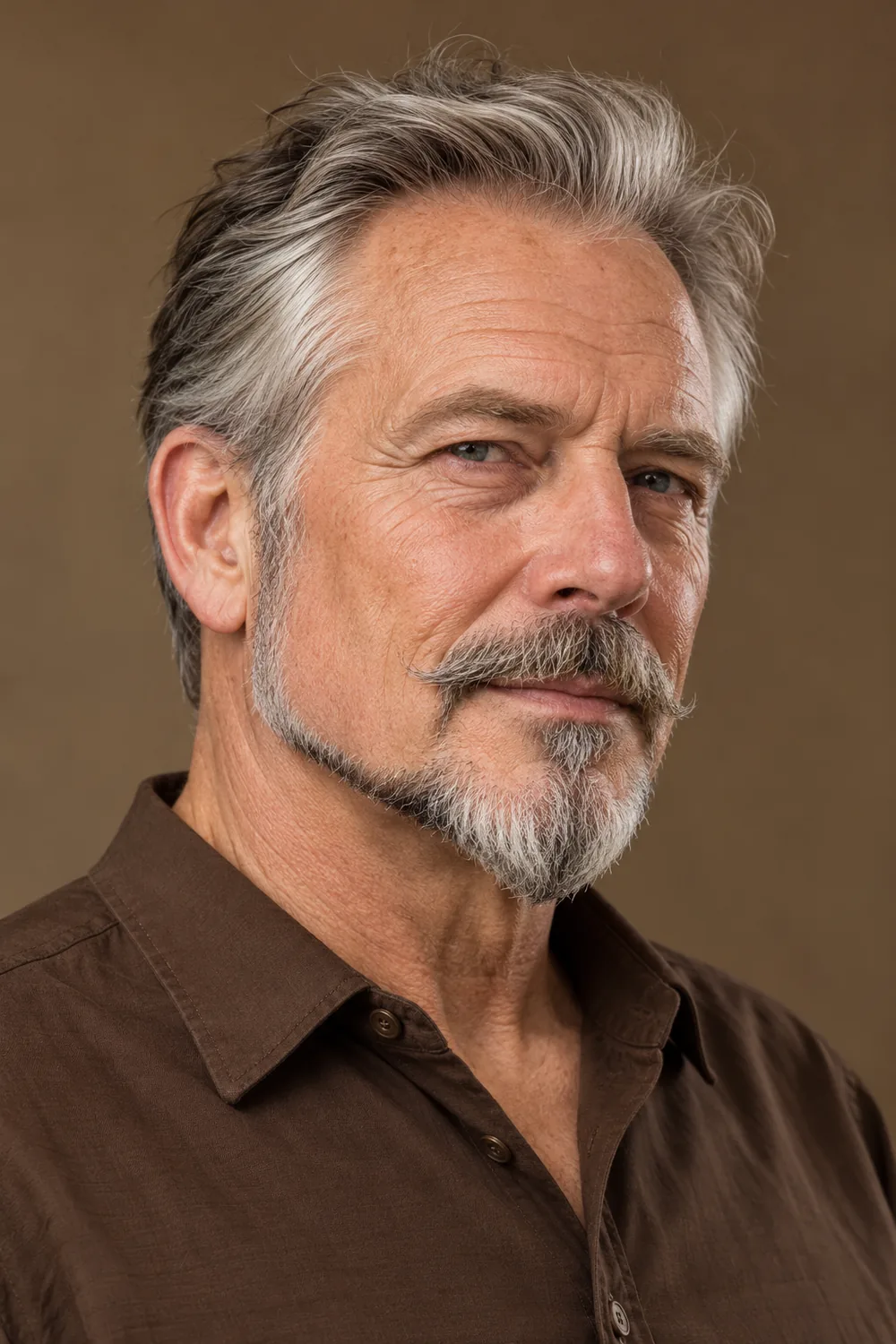Fictional older adult man with salt-and-pepper tapered anchor beard, clean cheeks, and a separate medium mustache.