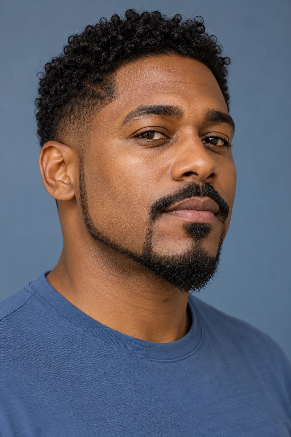 Fictional adult Black man with tight curls, a low soft cheek boundary, pointed anchor beard, narrow jaw extensions, detached rounded mustache, and muted blue shirt.