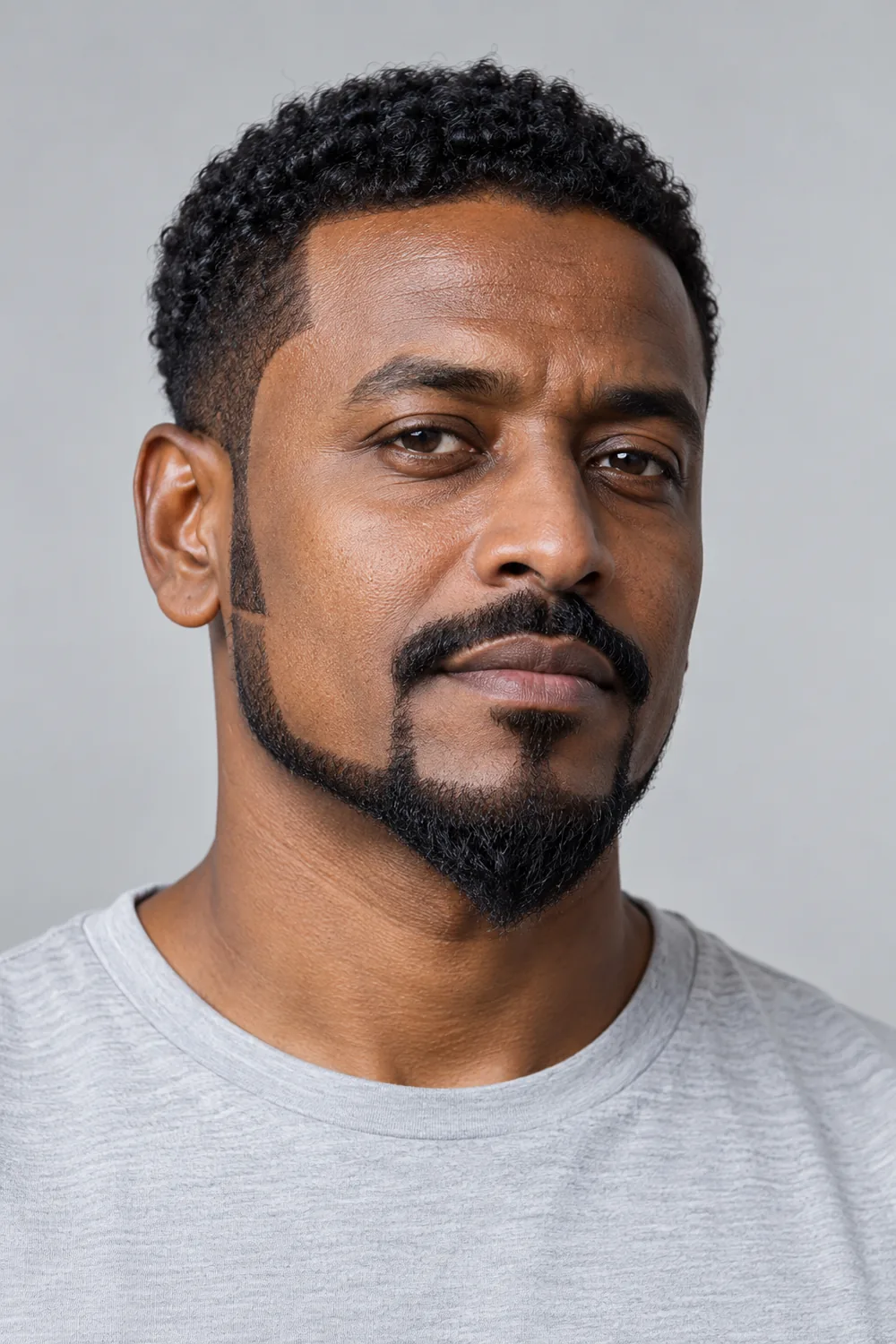 Fictional adult man with squared lower-jaw beard extensions tapering into a pointed chin and a compact detached mustache.
