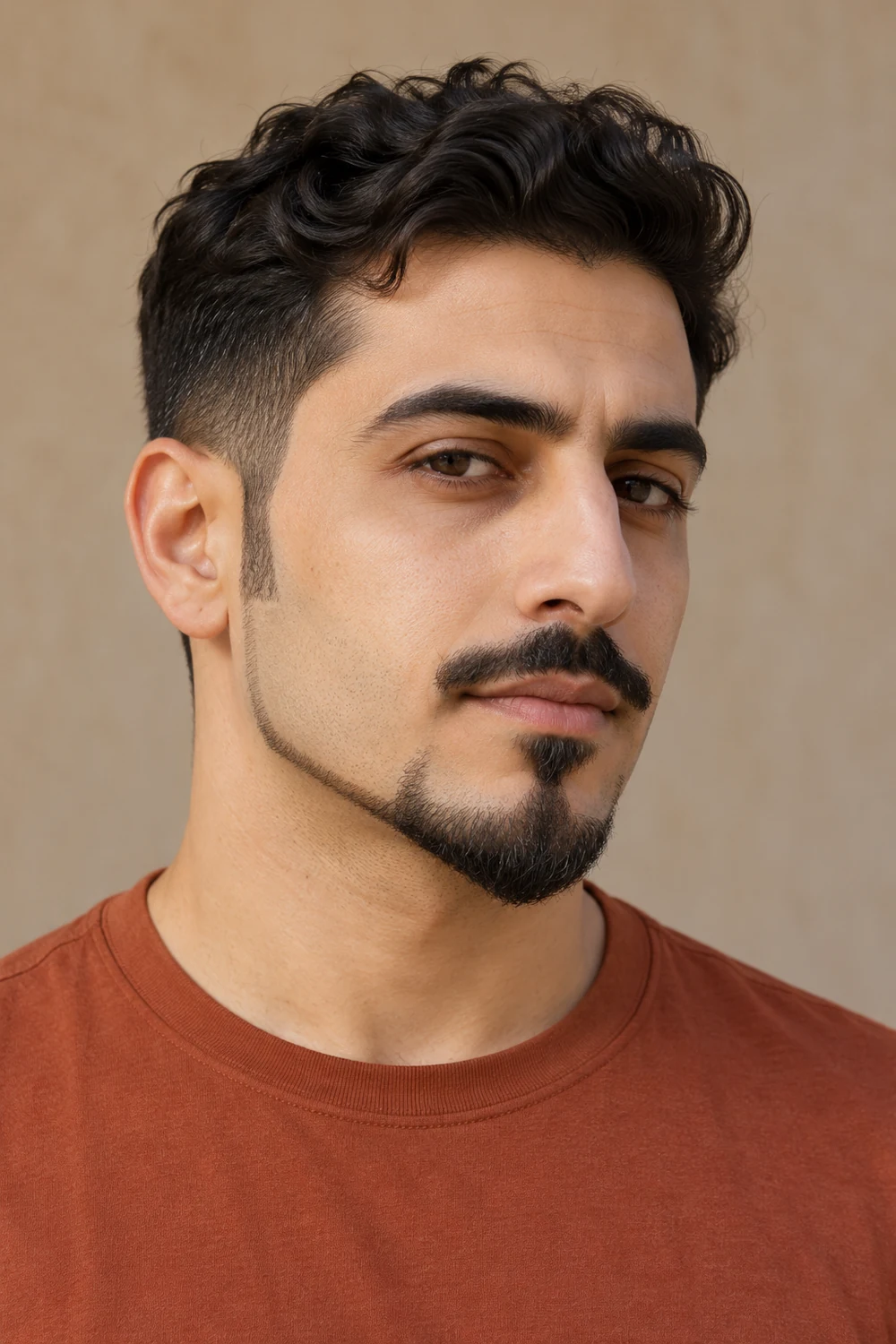 Fictional adult man with a short rounded chin anchor, narrow lower-jaw extensions, clean cheeks, and a small separate mustache.