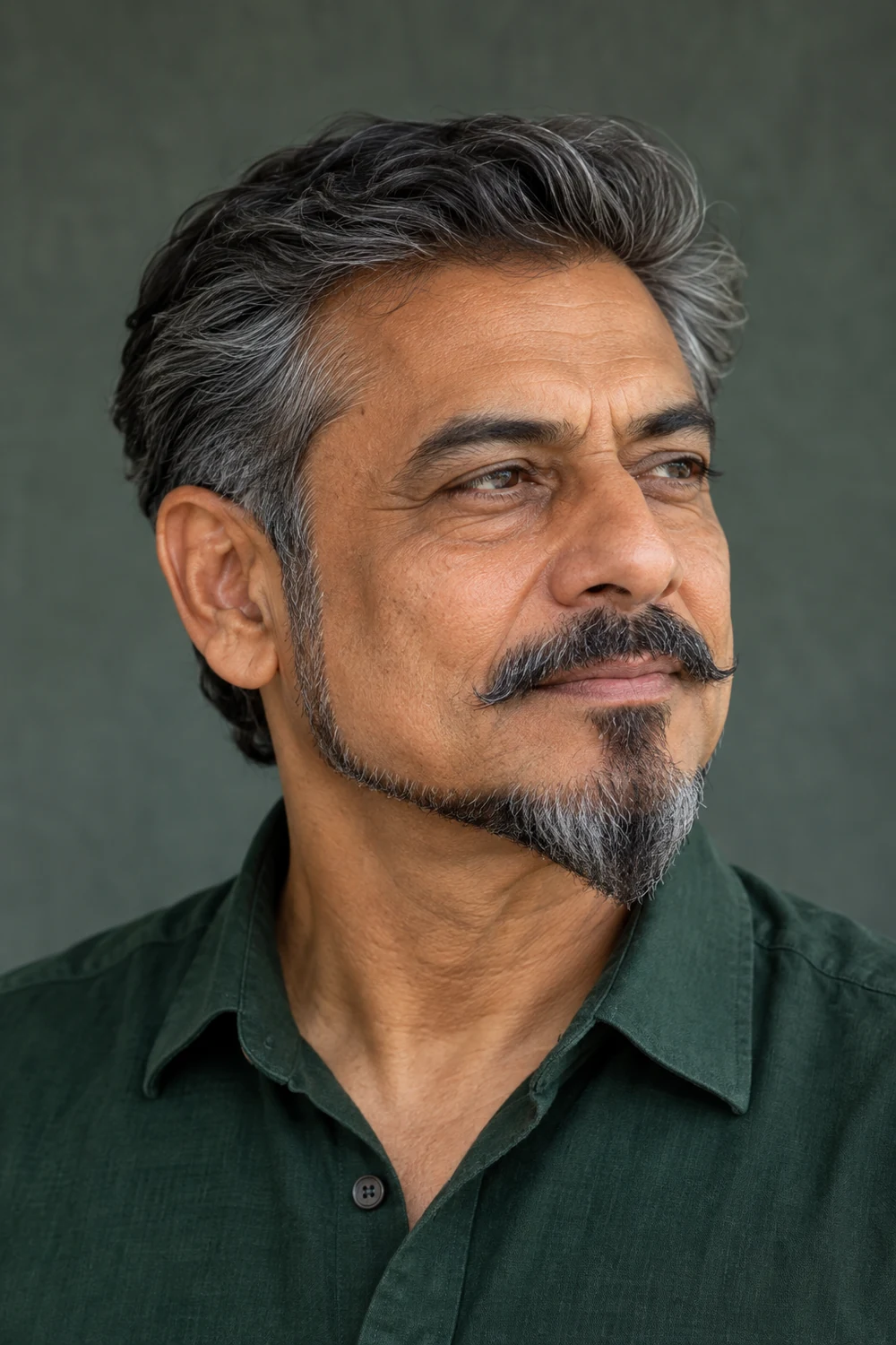 Fictional adult South Asian man with salt-and-pepper tapered sideburns, narrow anchor jaw extensions, a pointed chin beard, and a separate curled mustache.