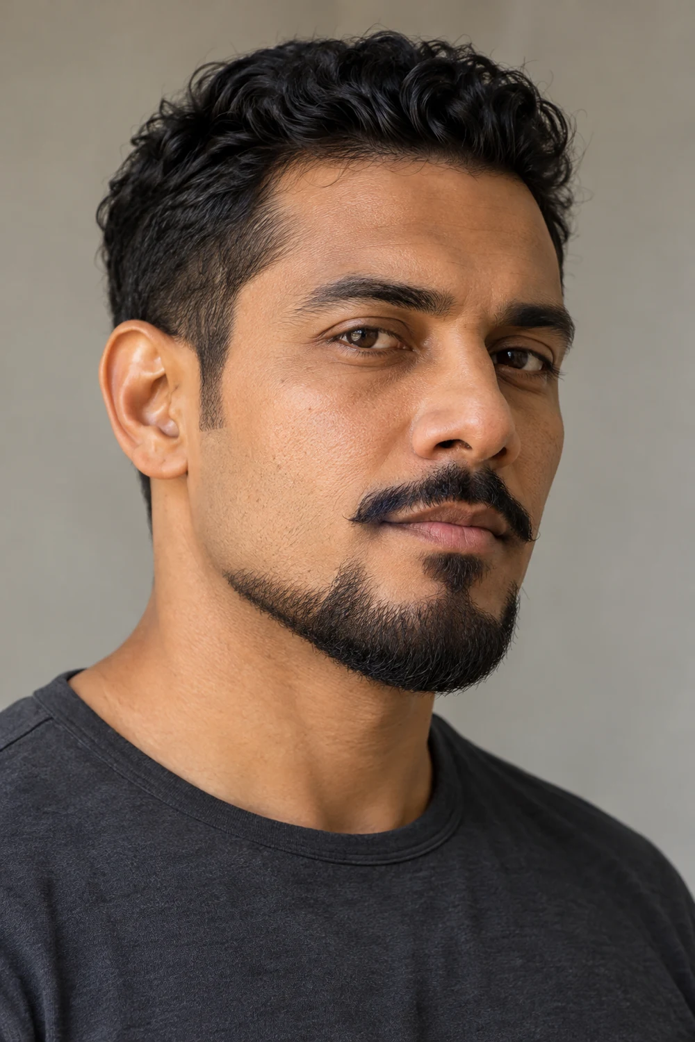 Three-quarter portrait of an adult man with a compact rounded Balbo beard, clean upper cheeks, bare gaps before the sideburns and a detached narrow mustache.