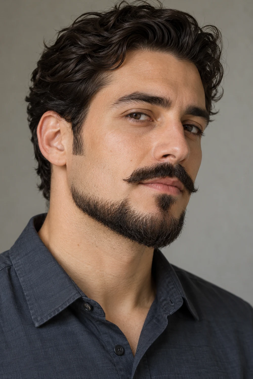 Adult man in a slate shirt wearing a pointed Balbo beard, with bare upper cheeks, disconnected sideburns, and a separate mustache.