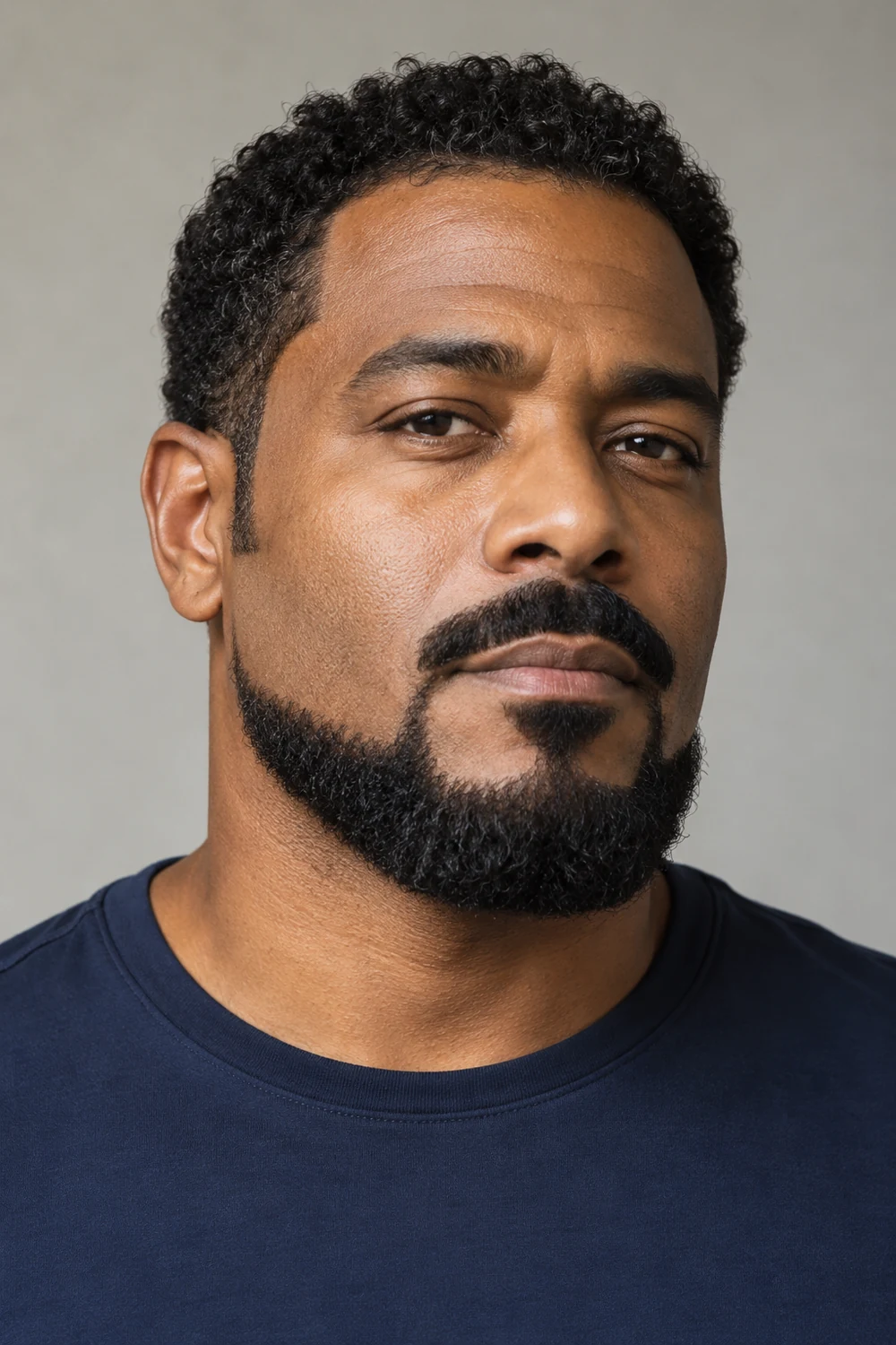 Adult man with a broad, squared Balbo beard, clean upper cheeks, short disconnected sideburns, and a separate mustache.