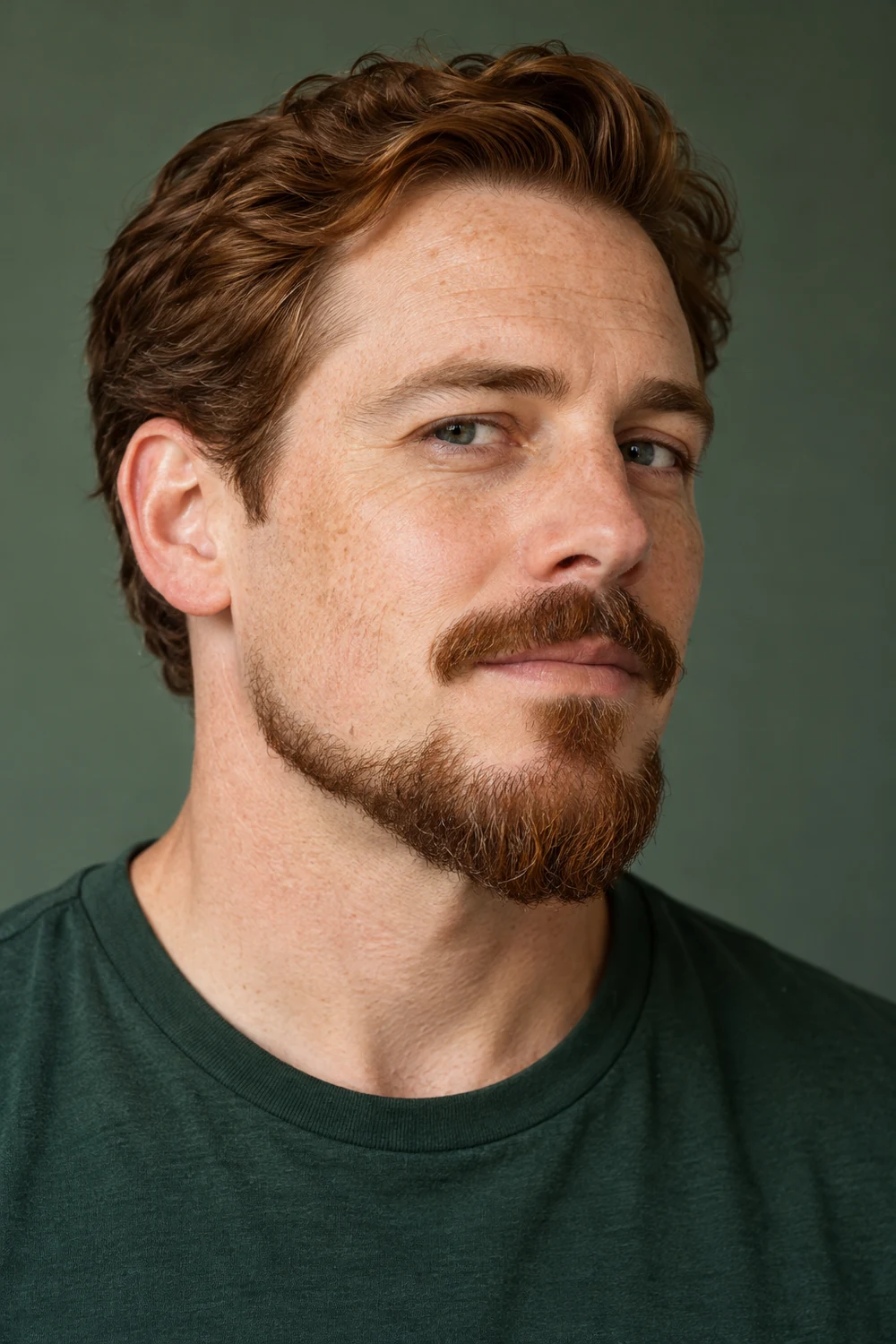 Three-quarter portrait of a freckled adult man with an auburn Balbo beard, rounded chin, soft cheek line, disconnected sideburn and separate mustache.