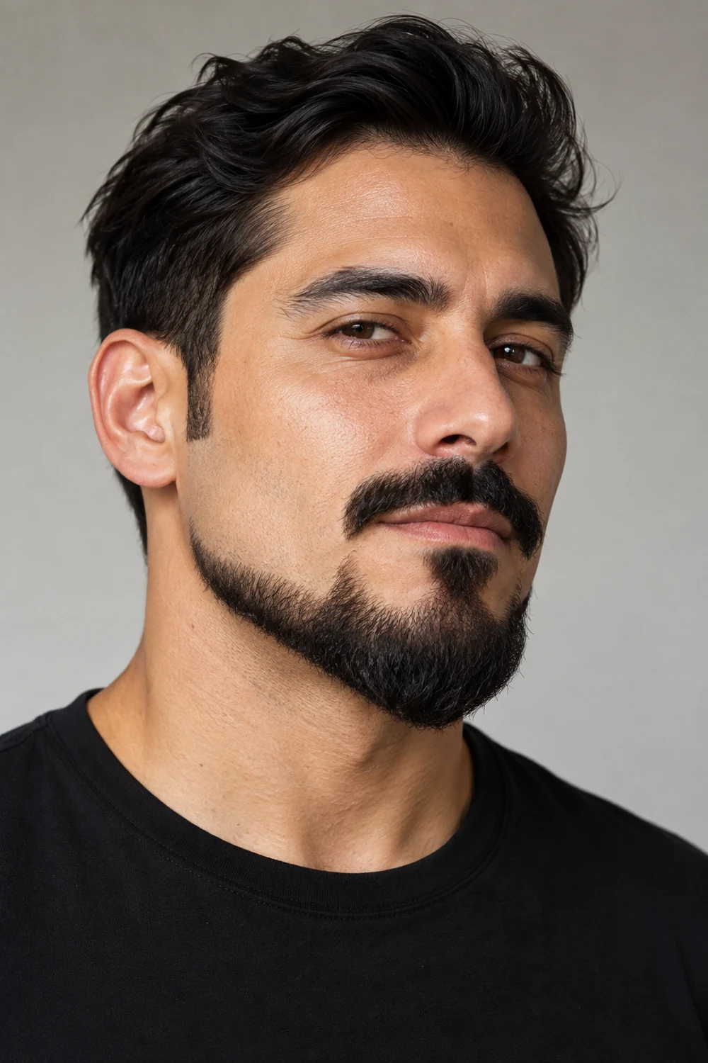 Three-quarter portrait of an adult man with clean upper cheeks, disconnected short sideburns, a tapered lower-jaw beard and separate mustache.