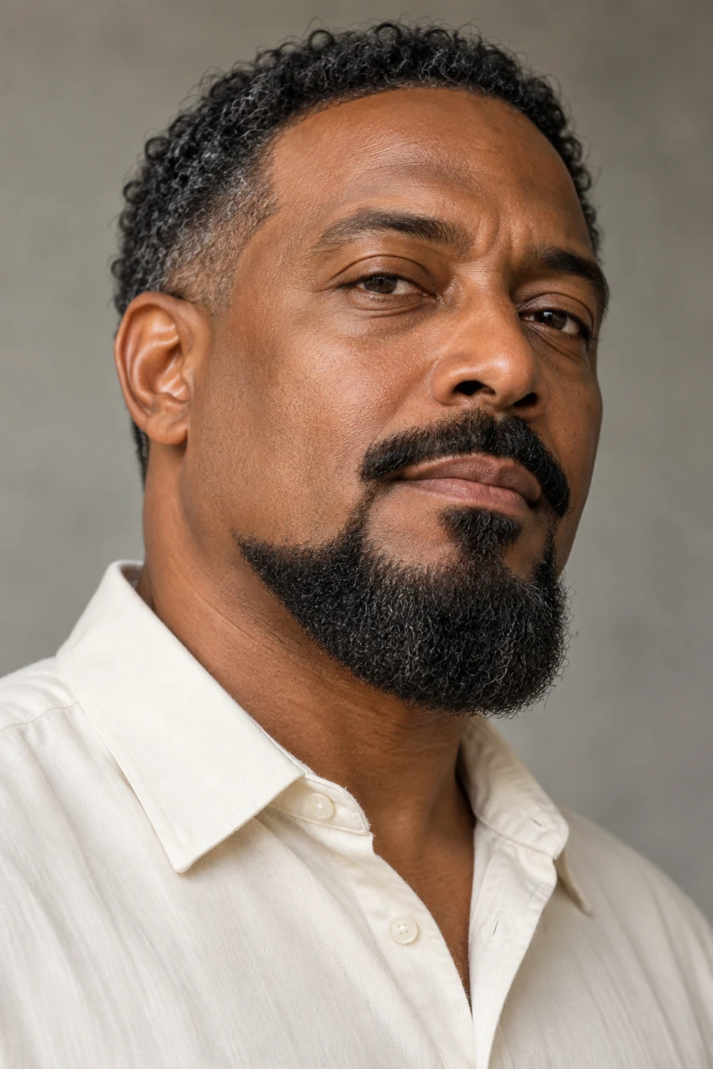 Adult man with dark brown skin wearing a full, rounded Balbo beard, clean cheeks, visible sideburn gaps and a broad separate mustache.