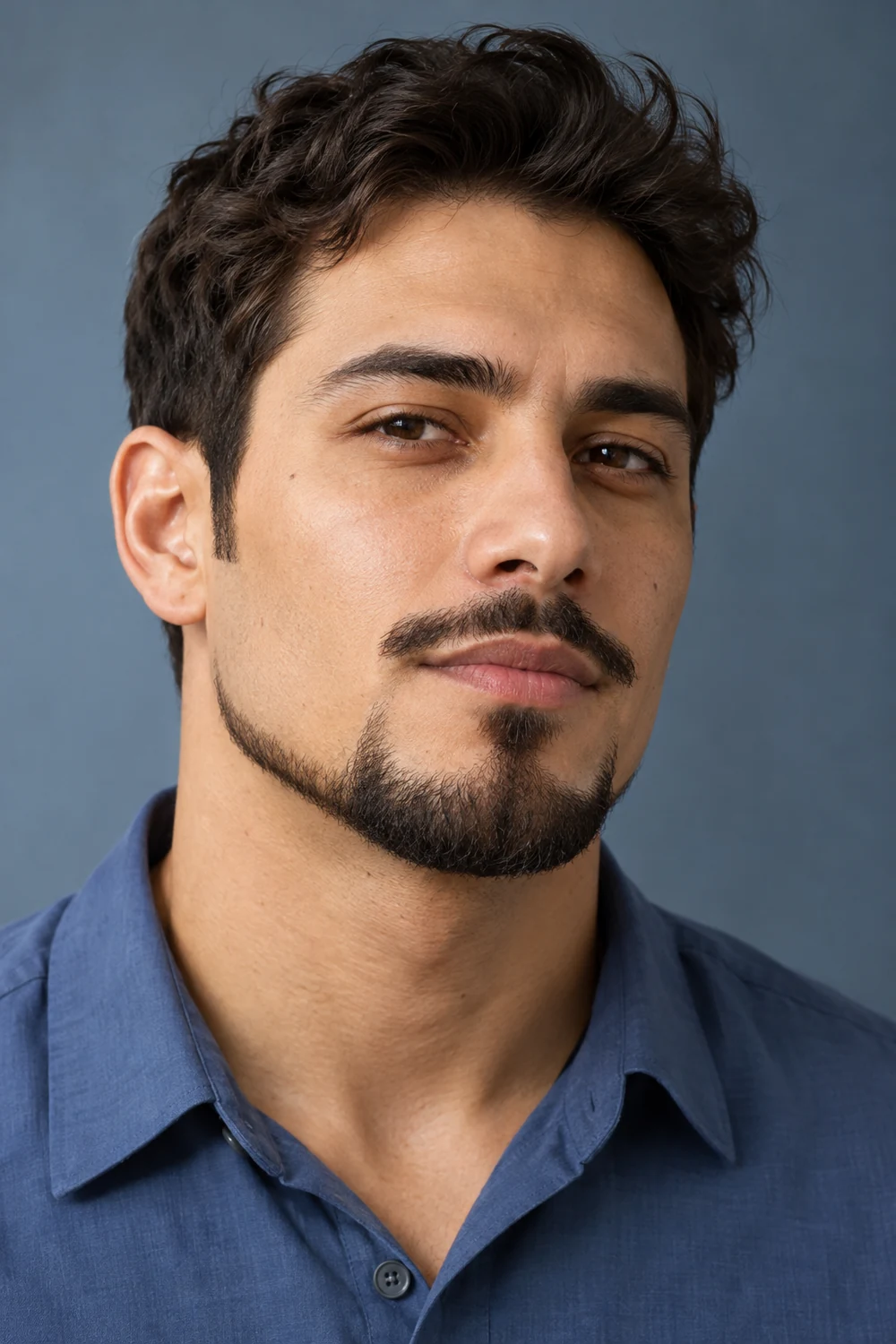 Fictional adult man in a blue shirt with a short Balbo beard, clean upper cheeks, visible sideburn gaps, and a detached narrow mustache.