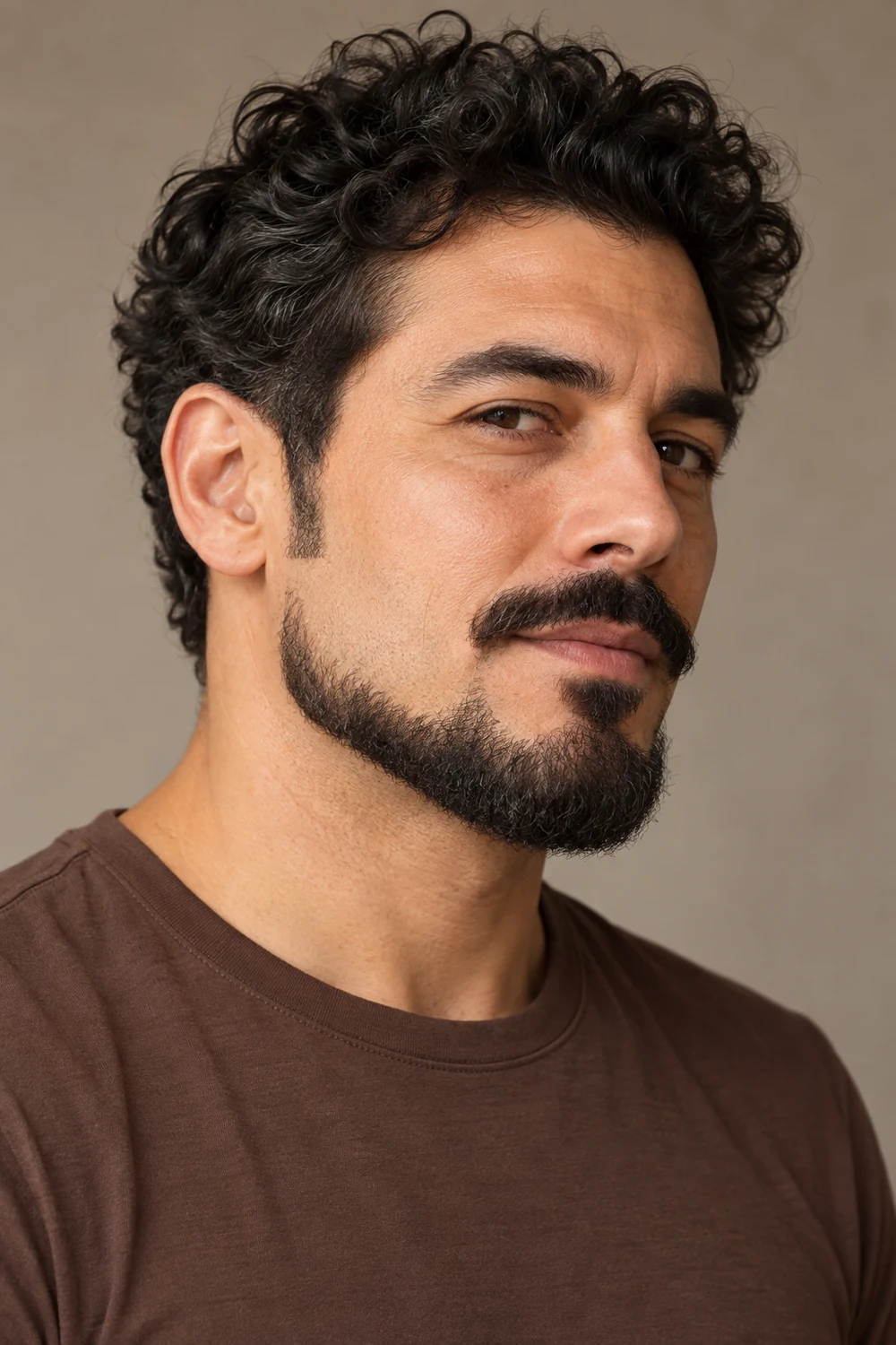 Adult man with a smoothly curved Balbo beard, rounded chin and separate arched mustache.