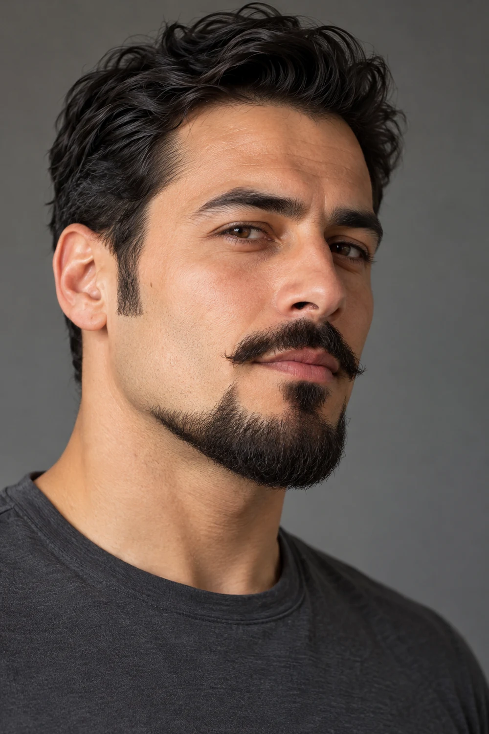 Three-quarter portrait of an adult man with clean upper cheeks, a tapered lower-jaw Balbo beard, visible gaps below the sideburns, and a slim detached mustache.