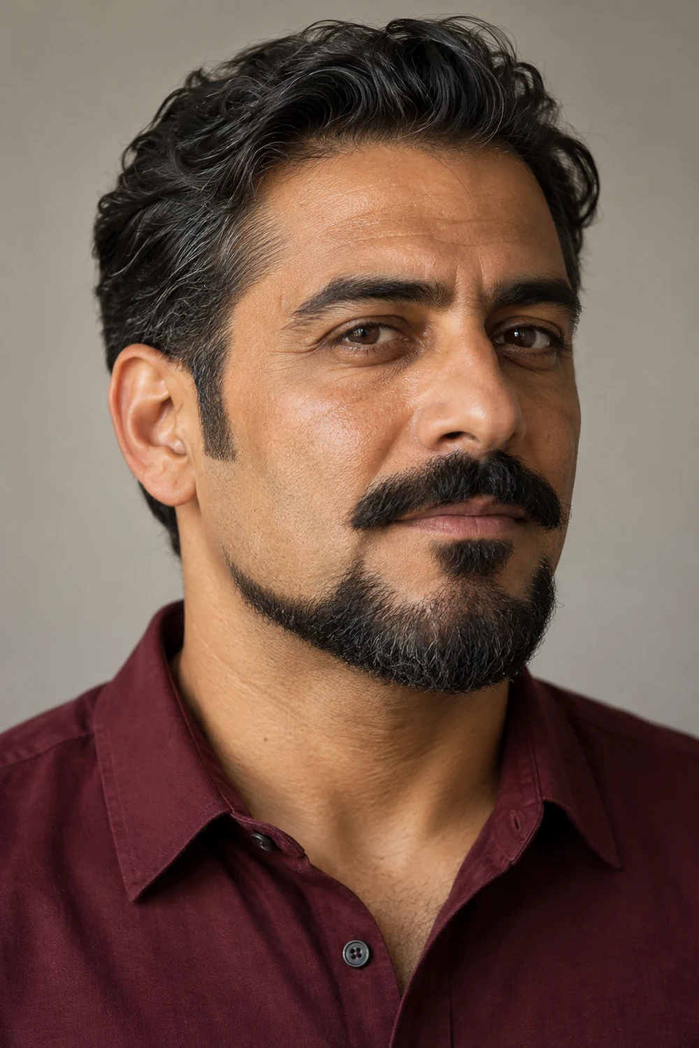 Adult man in a burgundy shirt with clean cheeks, a detached wide mustache, separate sideburns, and a shaped medium beard across the chin and lower jaw.