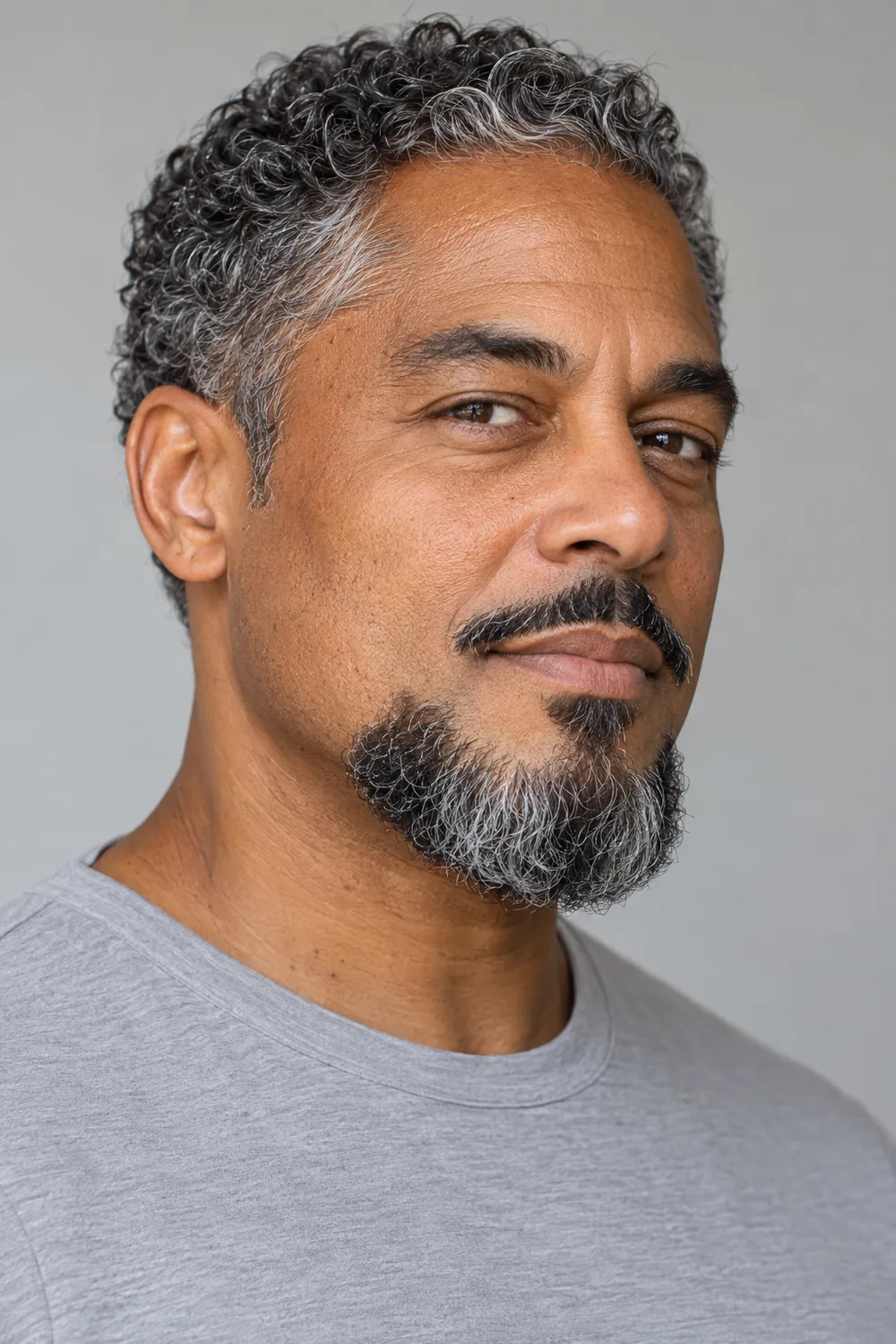 Three-quarter portrait of an adult man with a narrow floating mustache, bare upper cheeks, and a rounded salt-and-pepper Balbo beard with visible sideburn gaps.