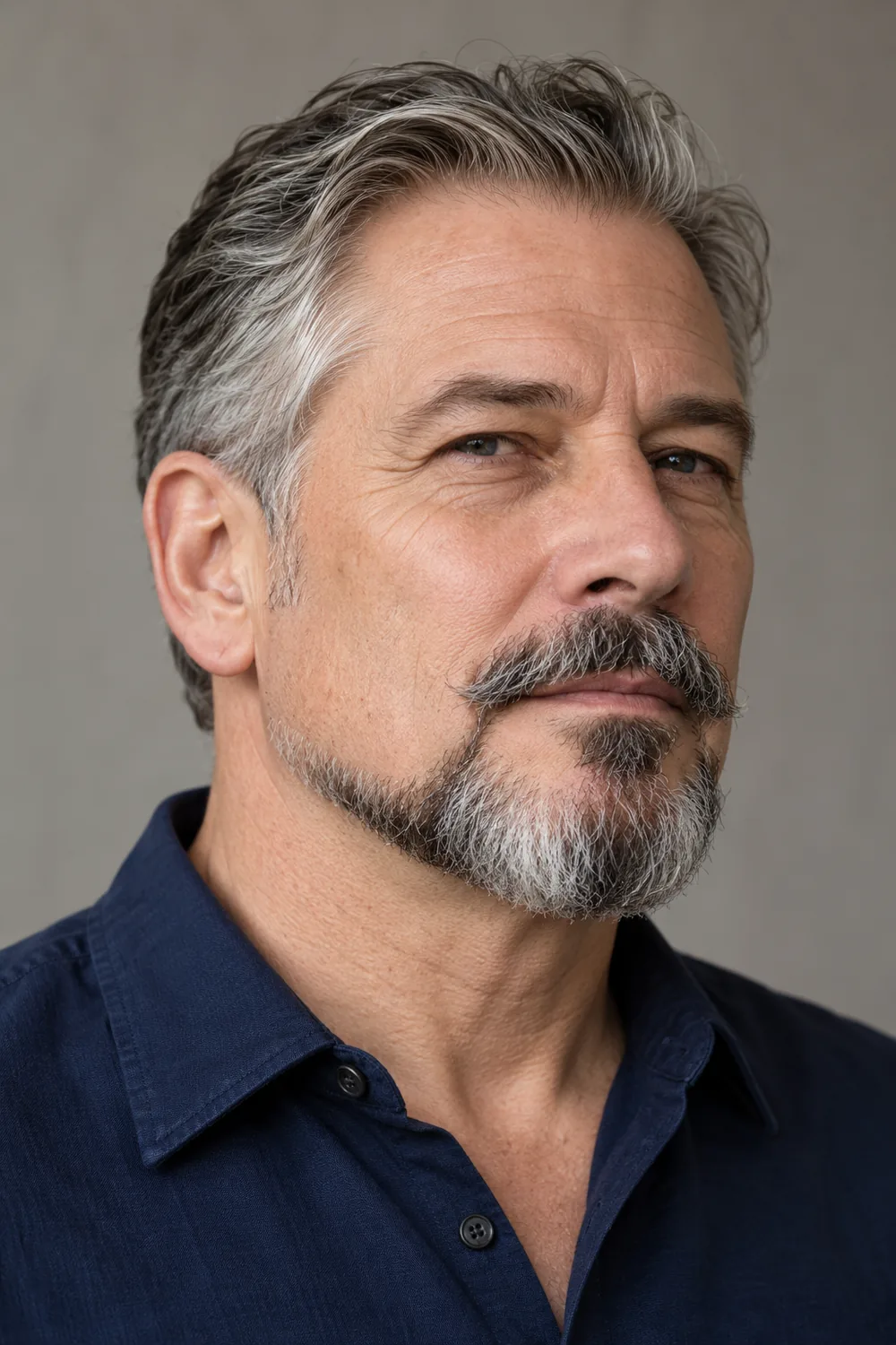 Three-quarter portrait of a mature man with a salt-and-pepper Balbo beard, clean upper cheeks, visible gaps below the sideburns, and a separate tapered mustache.