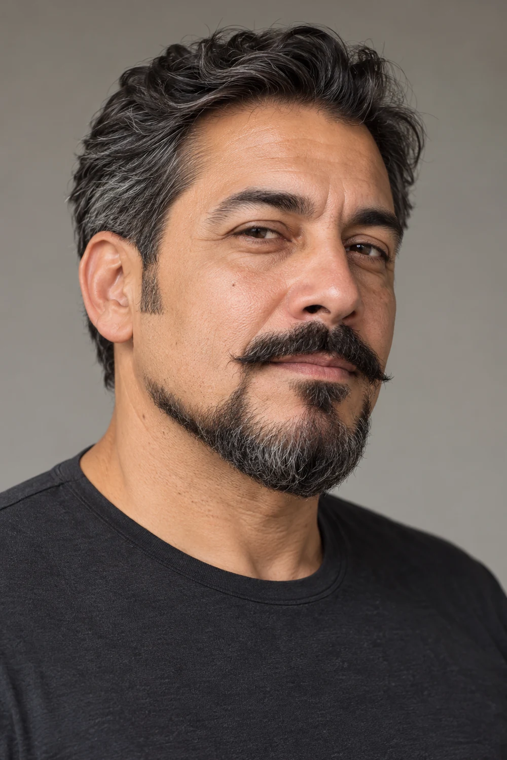 Adult man in a charcoal shirt wearing a compact Balbo beard with clean cheeks, visible sideburn gaps, and a separate mustache with lifted ends.