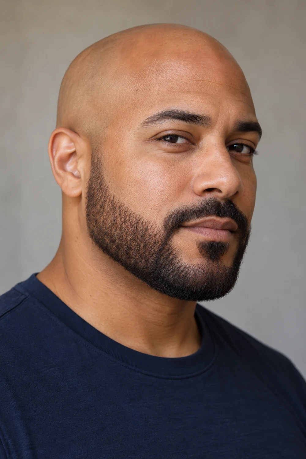 Fictional bald adult man wearing a short boxed beard with squared jaw edges and a connected mustache.