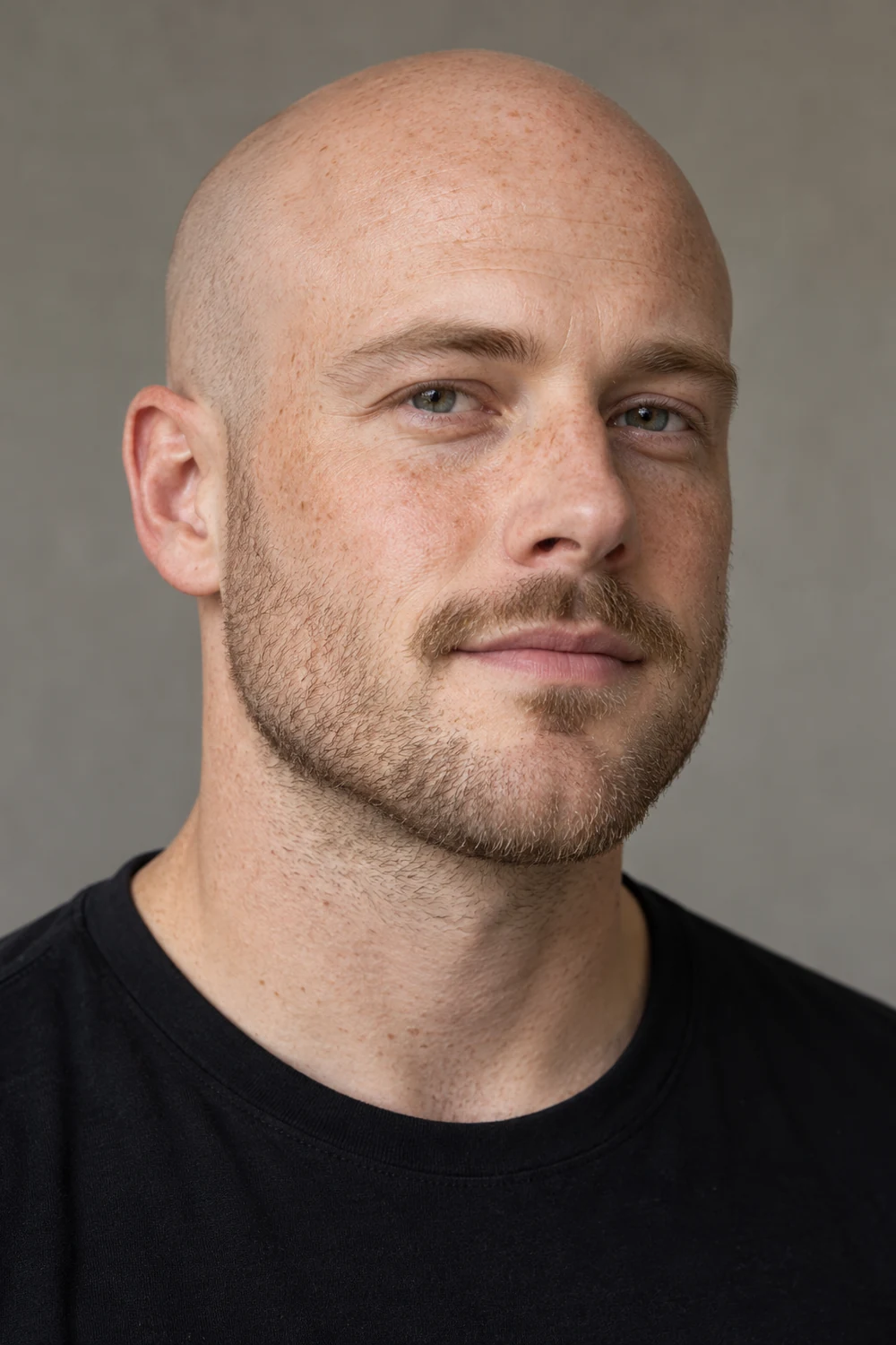 Fictional bald adult man with fair freckled skin, fine light stubble, a soft cheek line, and a slim disconnected mustache, wearing a dark crew-neck shirt.