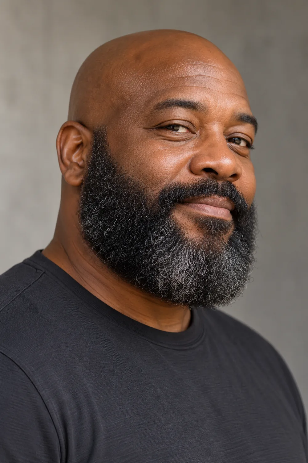 Fictional bald adult man with deep brown skin, wearing a charcoal shirt and a full, rounded salt-and-pepper beard with a thick connected mustache.