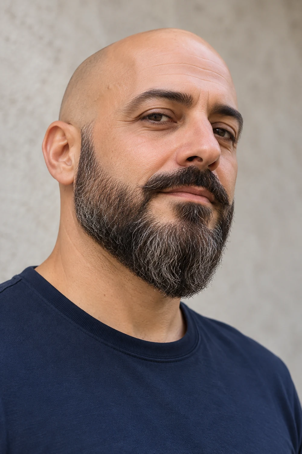 Photorealistic portrait of a bald adult man in a navy shirt, with a wavy tapered beard ending in a rounded point and a connected mustache.