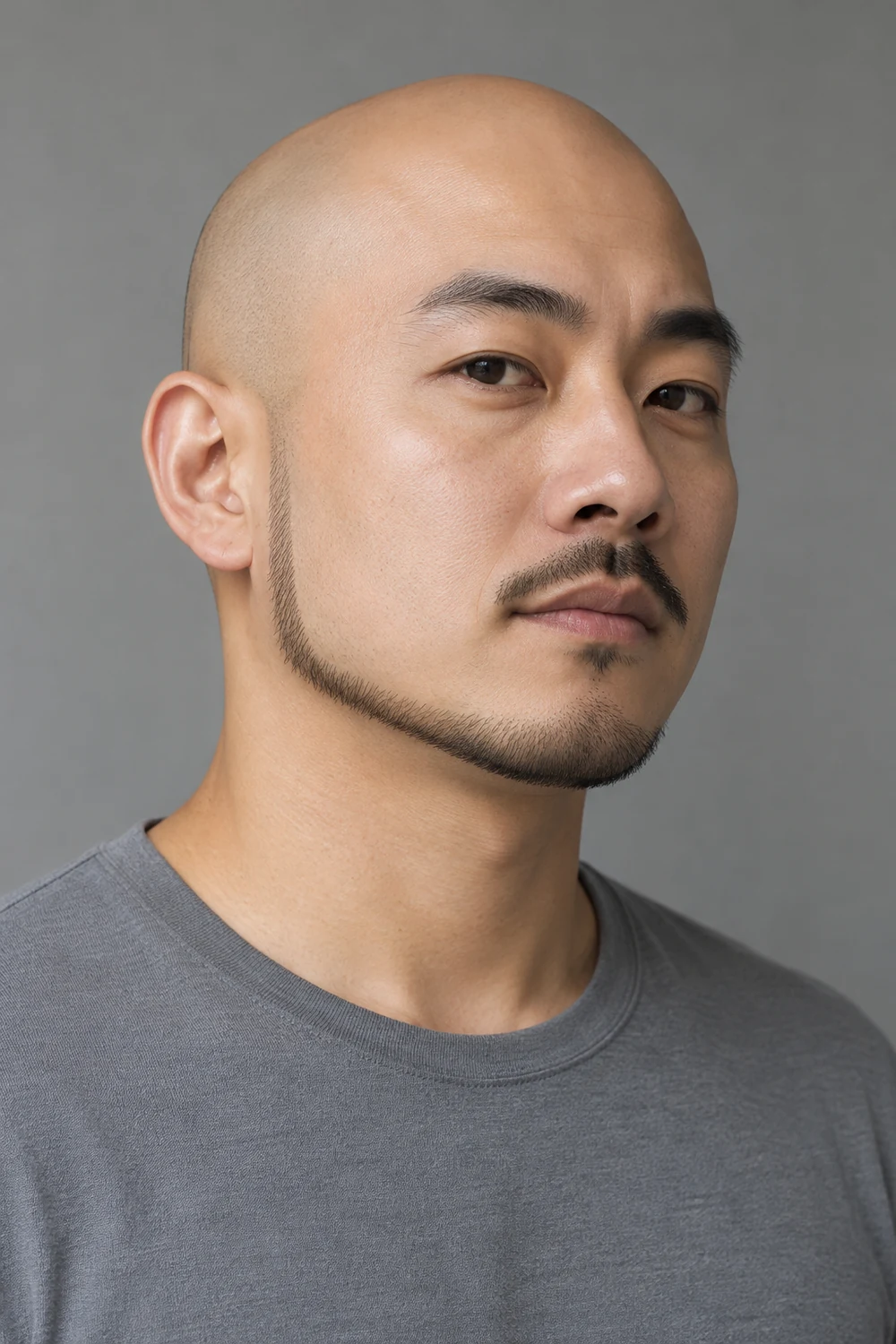 Fictional bald adult East Asian man in a gray crew-neck shirt, shown in three-quarter view with a narrow chin strap beard, clean cheeks, and a disconnected slim mustache.