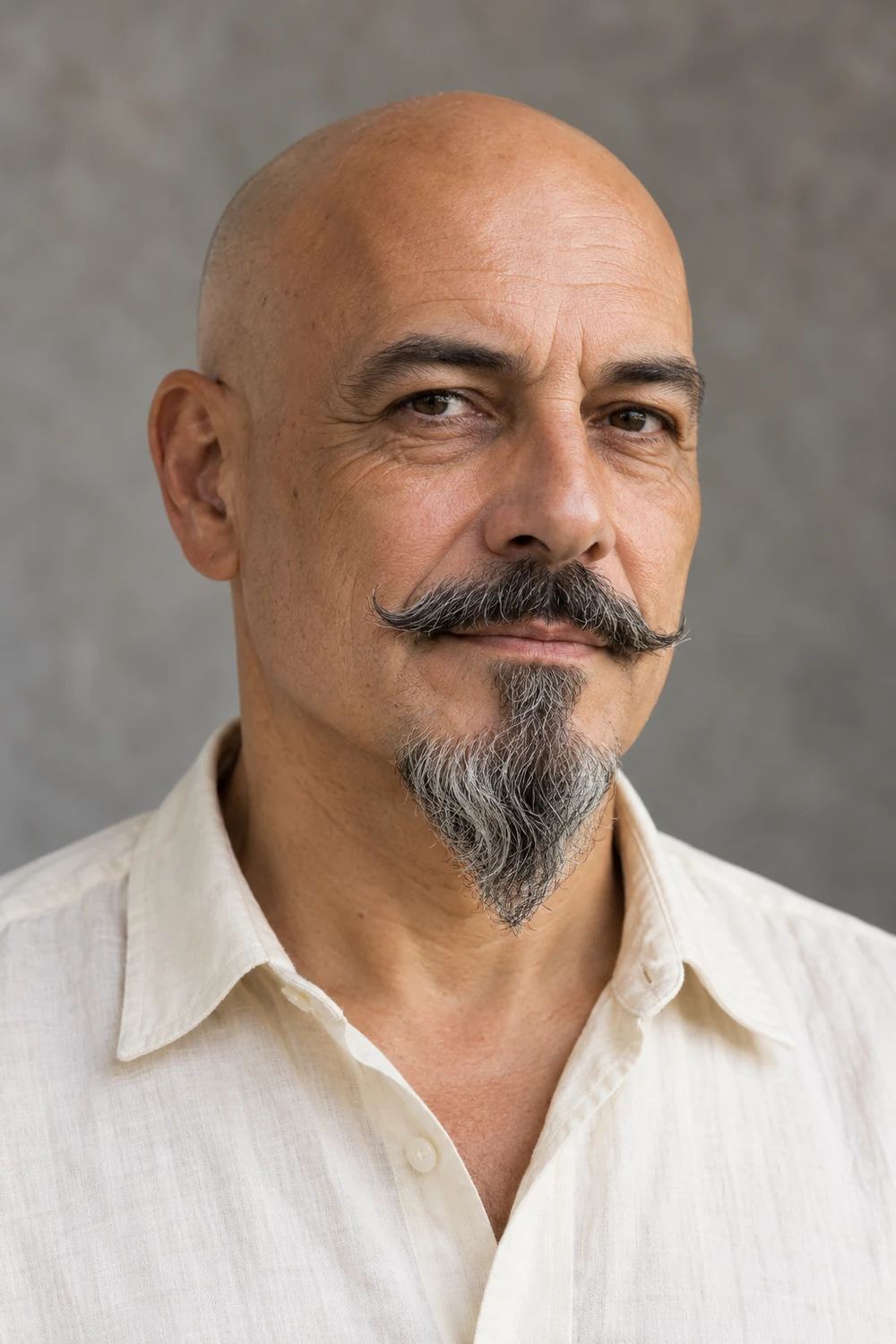 Fictional bald adult man with a separate curled mustache and pointed Van Dyke beard, wearing a cream shirt.