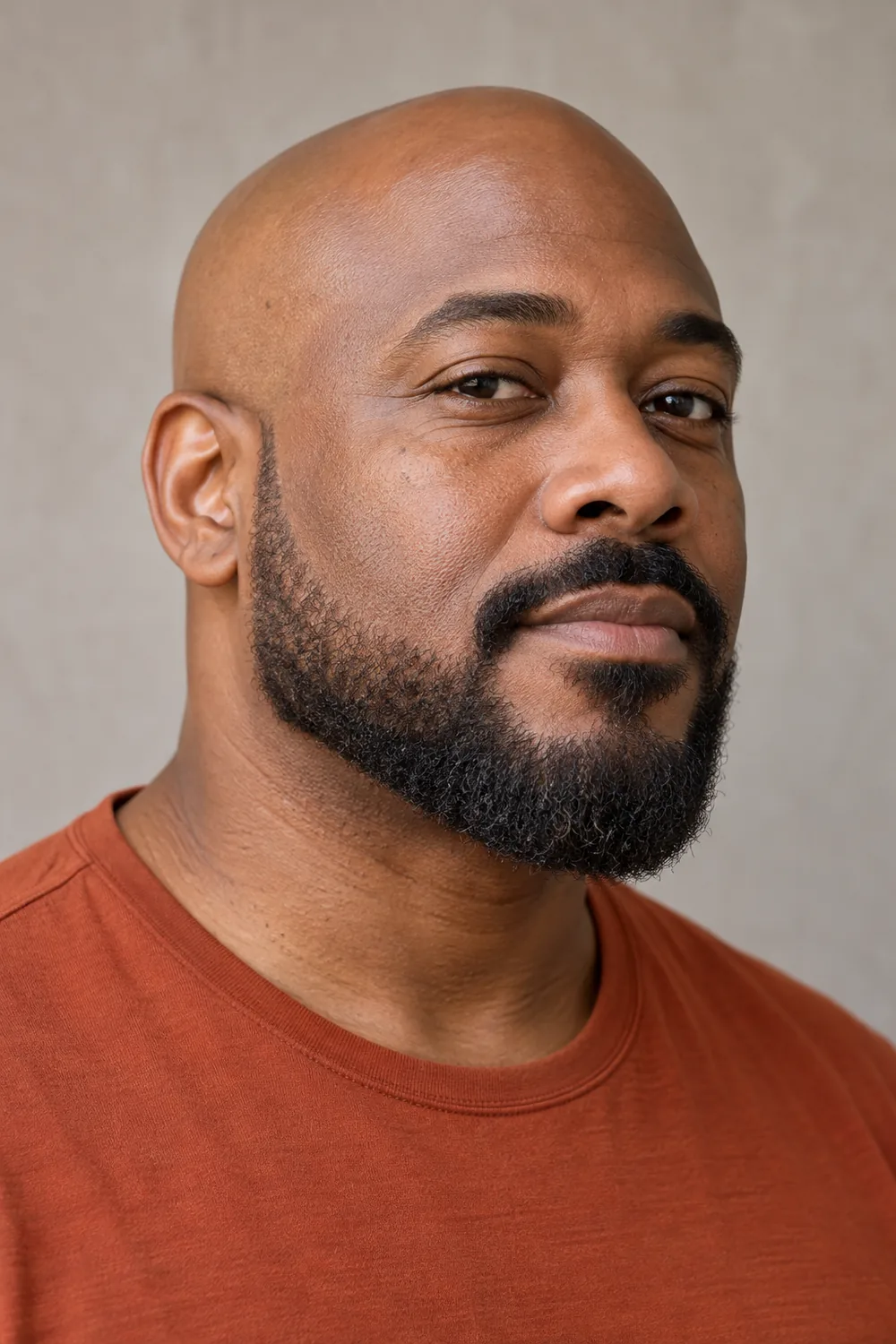 Fictional bald adult man with dark brown skin wearing a rust shirt, shown in three-quarter view with a connected extended goatee tracing his lower jaw.