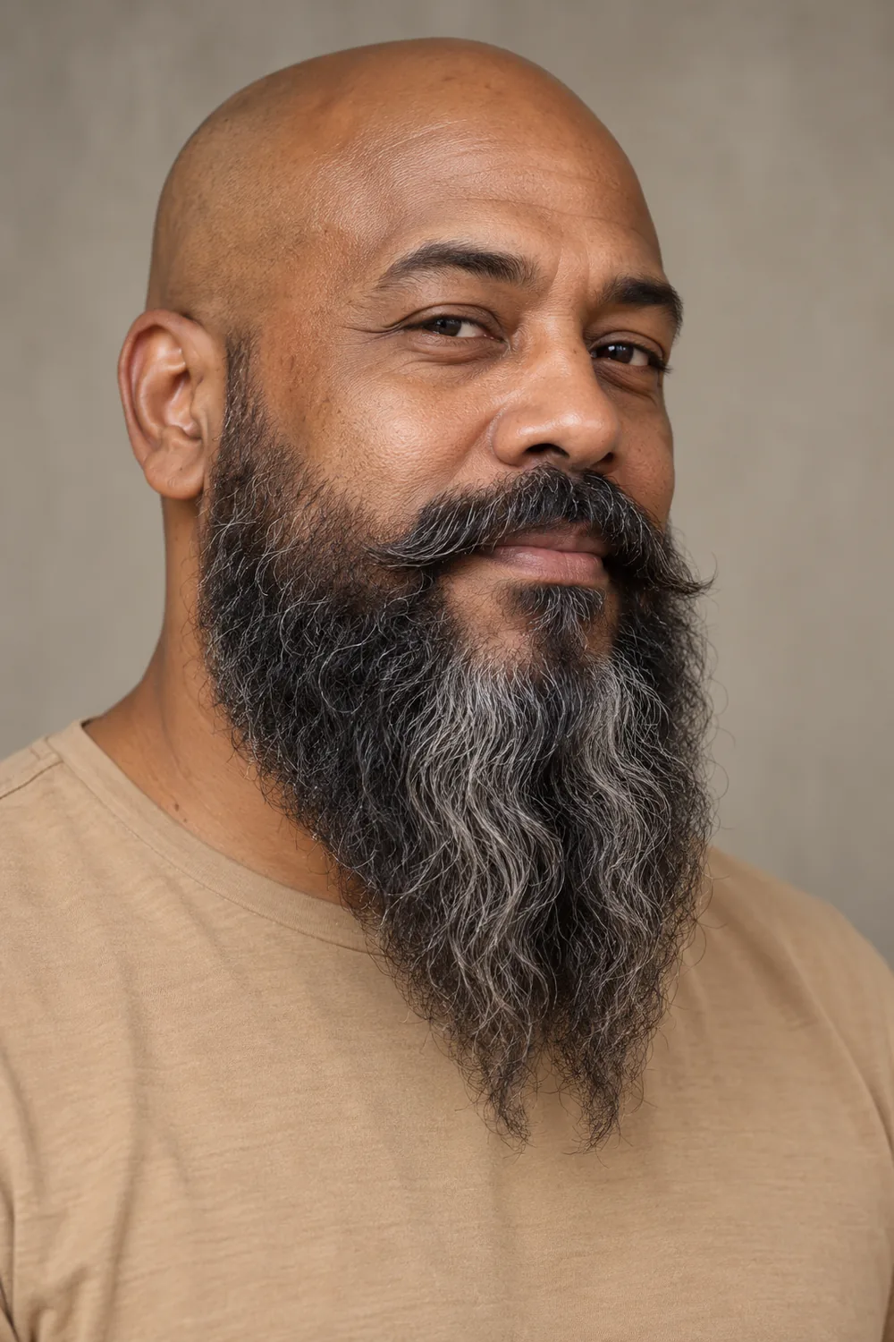 Fictional bald adult man with medium brown skin, a long wavy beard with a subtle forked tip, and a full connected mustache.