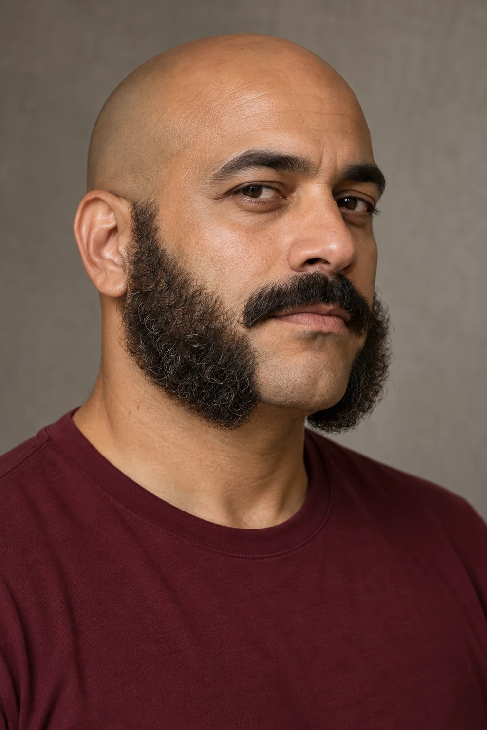Fictional bald adult man with broad, curly mutton chops, a clean chin and a separate mustache, wearing a burgundy shirt.