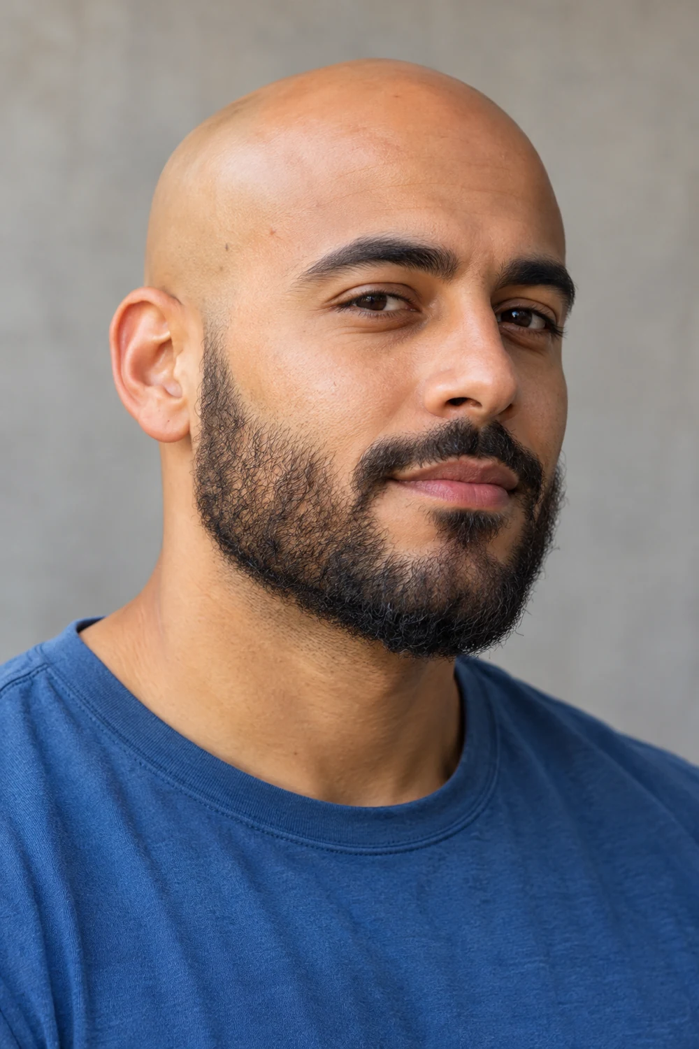 Three-quarter portrait of a bald adult man wearing a blue crew-neck shirt, with a short textured beard, rounded chin, and connected mustache.