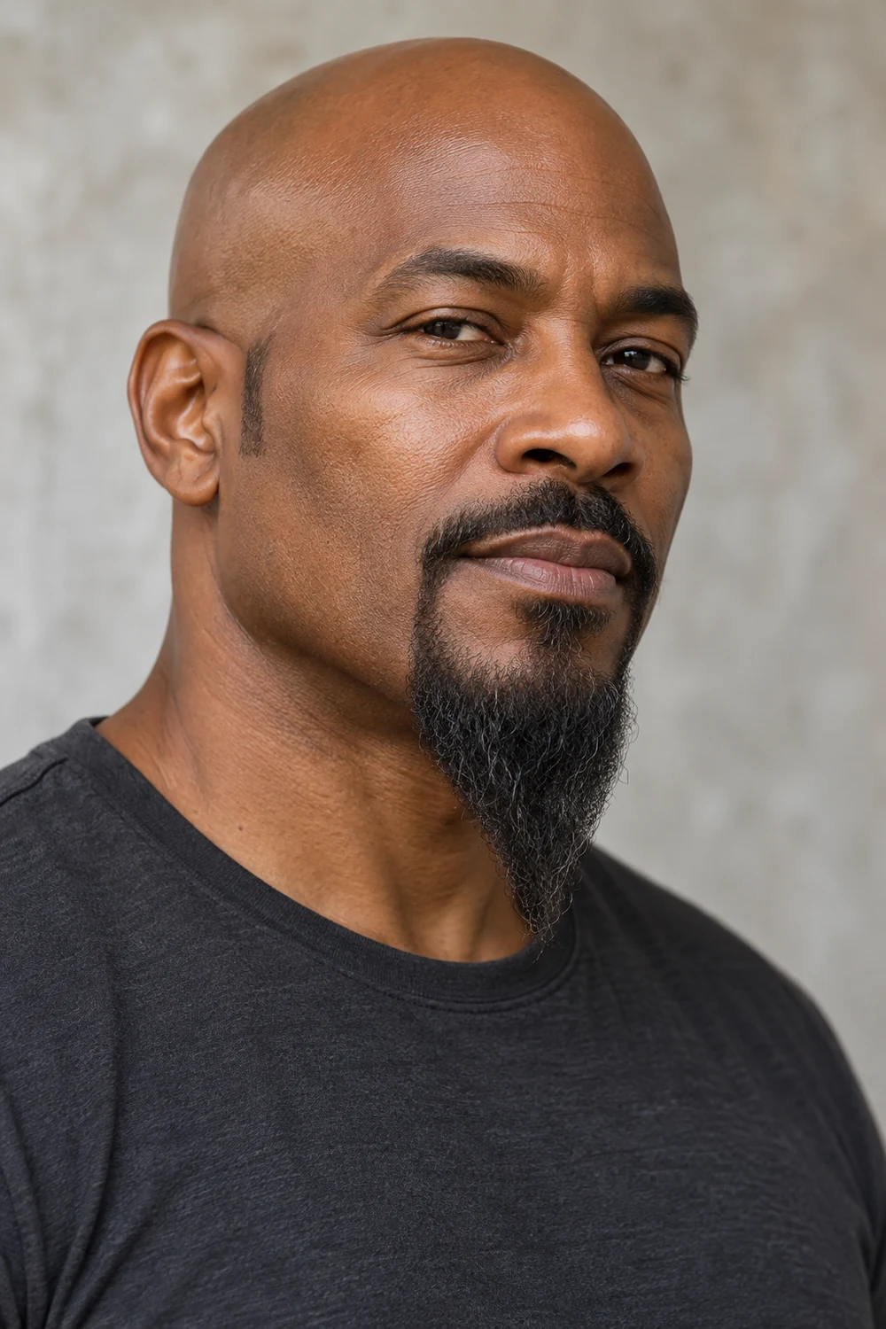 Fictional bald adult man with dark skin, a long narrow tapered goatee, fine connected mustache, bare cheeks and charcoal crew-neck shirt.