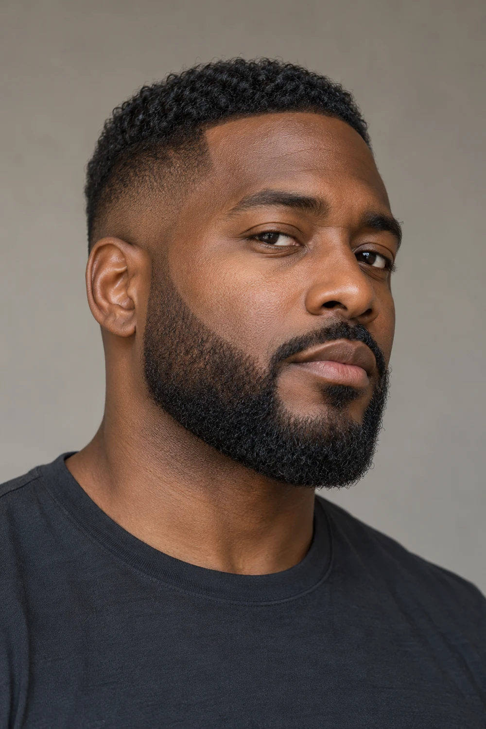 Fictional adult Black man in three-quarter view with a short boxed beard, crisp cheek line, softly tapered sideburns, and connected mustache.