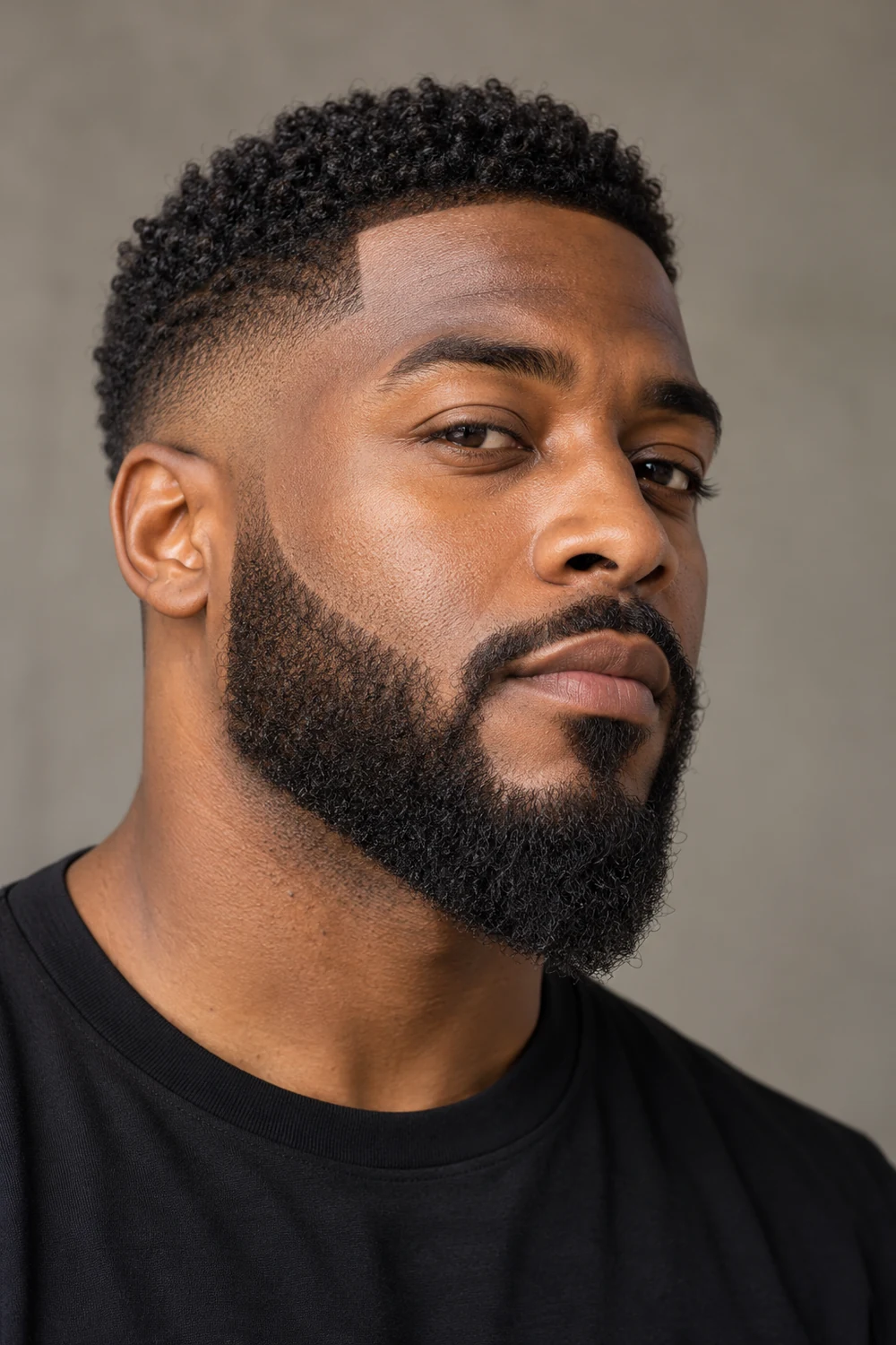 Three-quarter portrait of a fictional adult Black man with a tapered coiled beard, clean cheek line, connected mustache, and pointed chin.