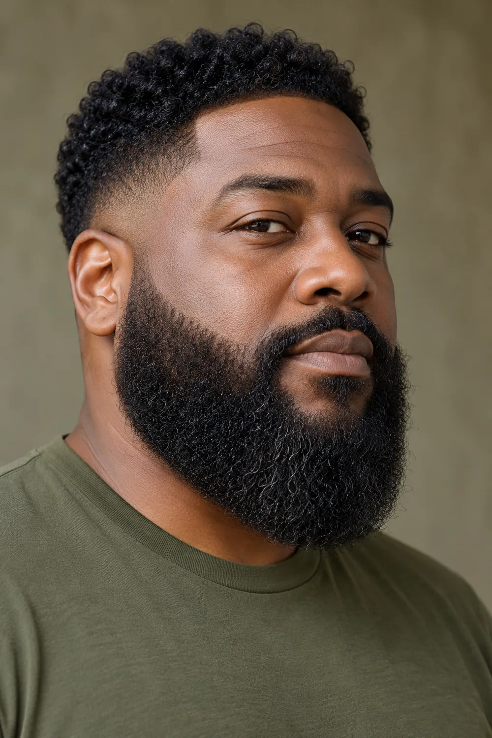 Fictional adult Black man in a three-quarter portrait with a full, rounded natural beard, connected mustache, and olive crew-neck shirt.