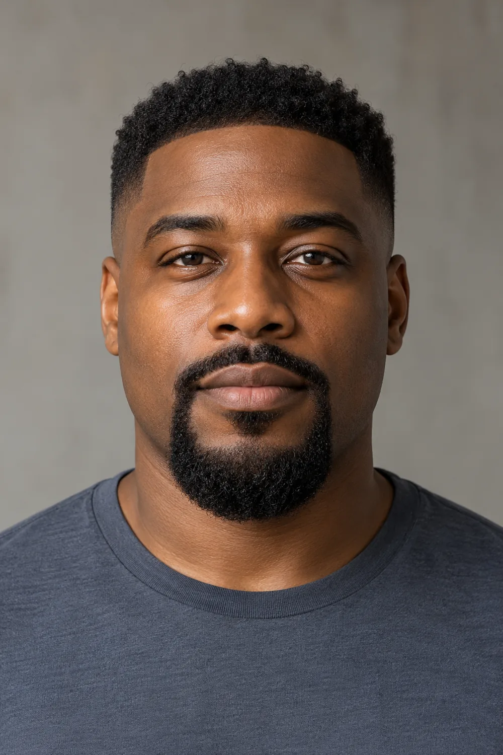 Fictional adult Black man with a connected circle beard, rounded chin coverage, joined mustache, and clean-shaven cheeks and jaw.