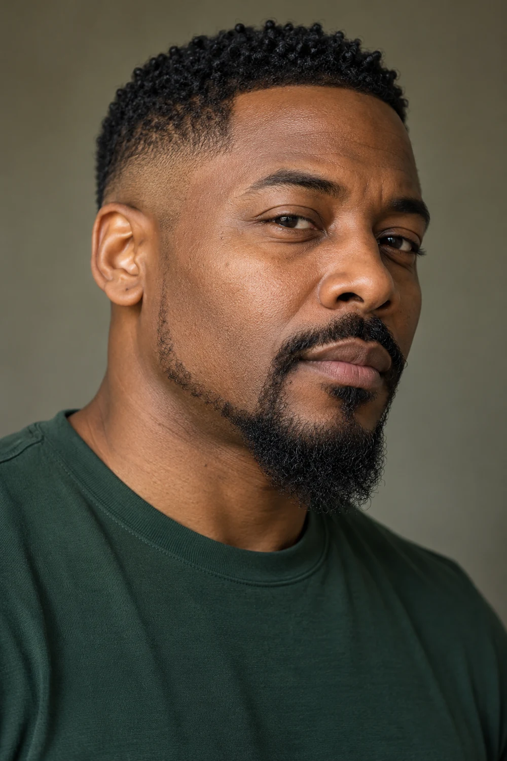 Three-quarter portrait of a fictional adult Black man with a connected mustache, narrow tapered chin beard, slim jaw extensions, mostly shaved cheeks, and a dark green shirt.