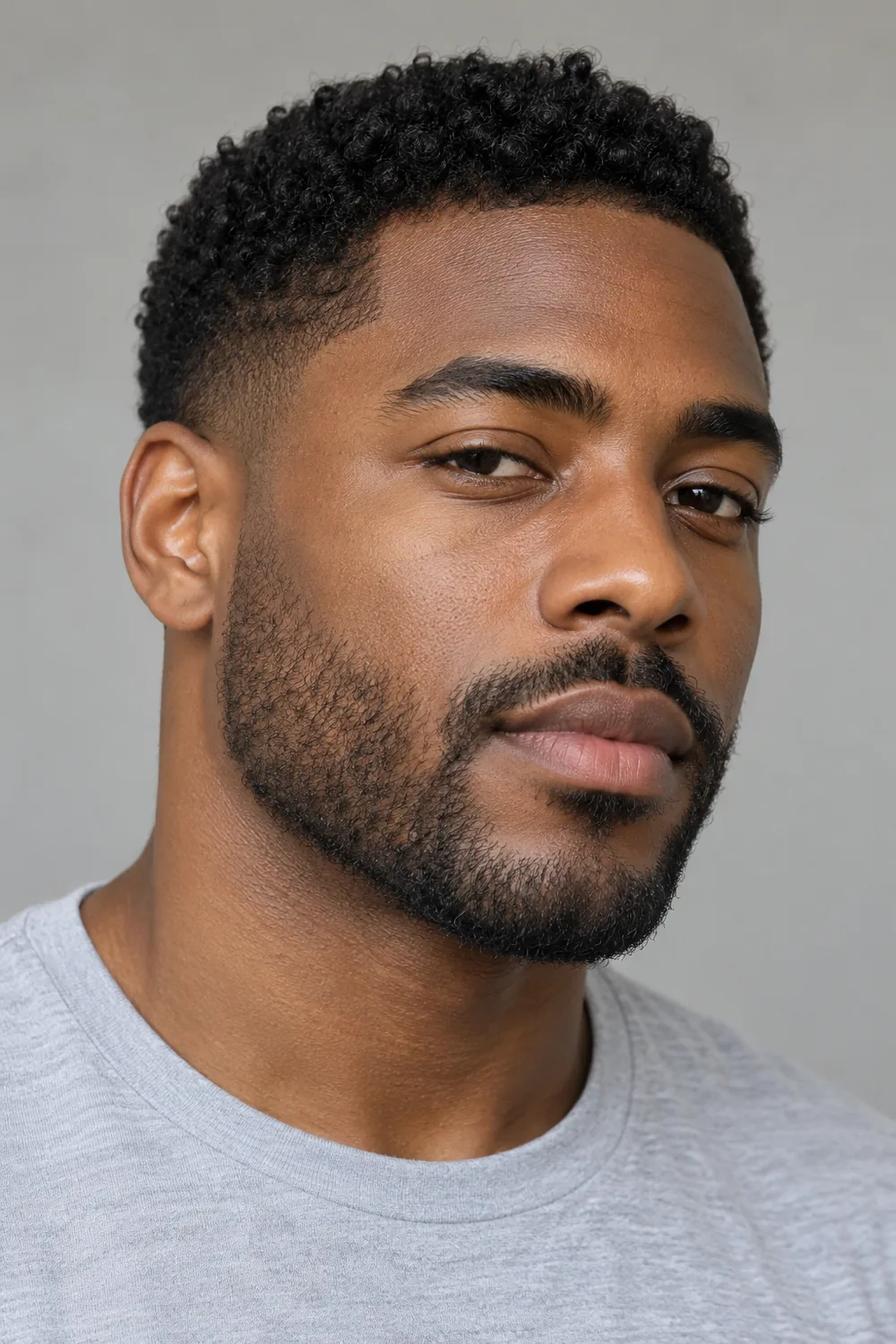 Fictional adult Black man in a light gray crew-neck shirt, shown at a three-quarter angle with dense connected stubble, a soft cheek edge, and short natural sideburn transition.