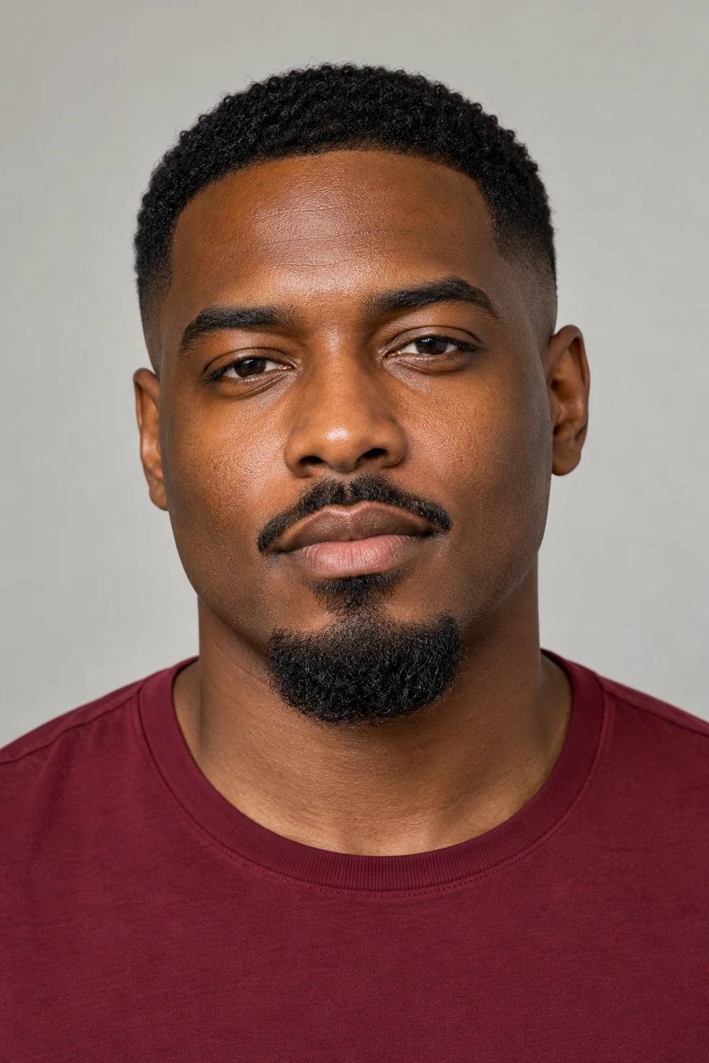Fictional adult Black man in a burgundy shirt, wearing a rounded chin goatee disconnected from a narrow mustache, with clean-shaven cheeks.