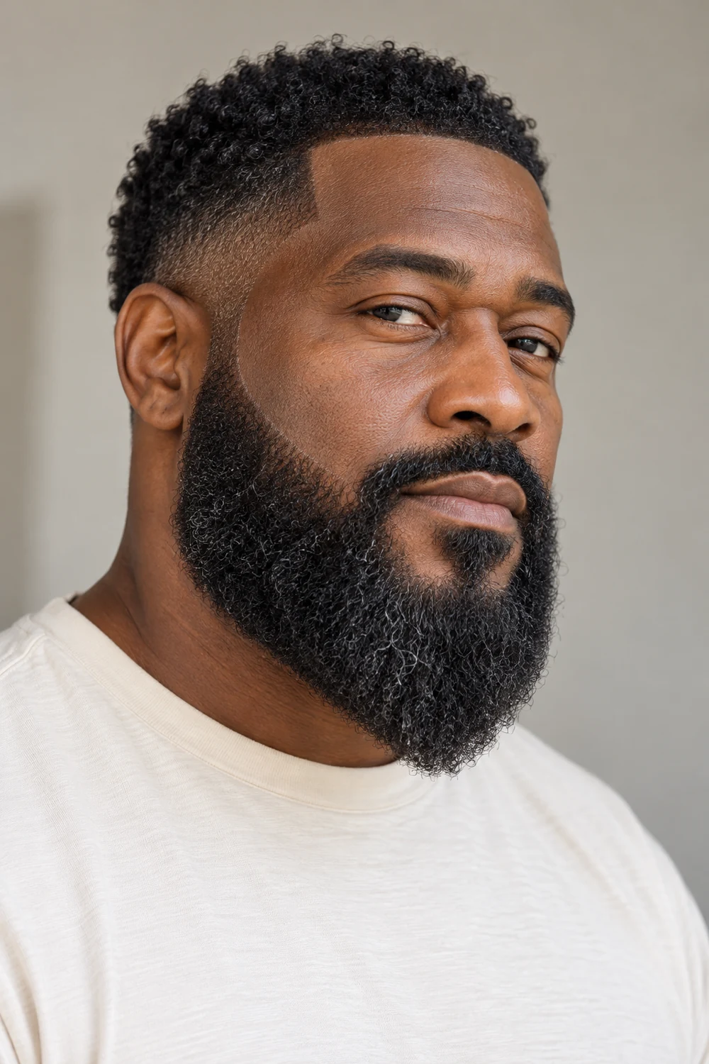 Fictional adult Black man with a full, coiled ducktail beard tapering to a visible point, photographed from a three-quarter angle.