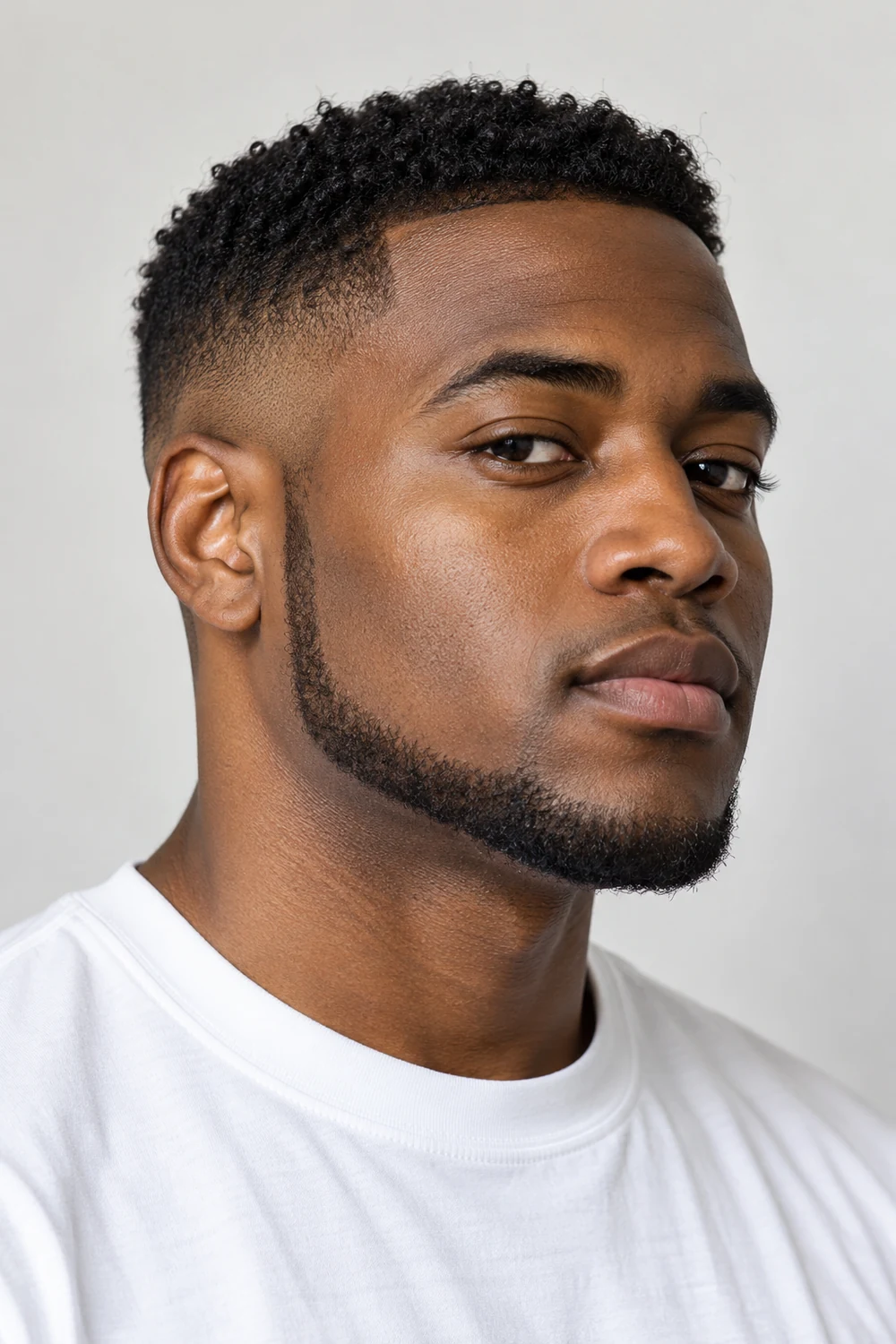 Fictional adult Black man in a three-quarter portrait, wearing a narrow short chin-strap beard with connected sideburns and a clean-shaven upper lip.