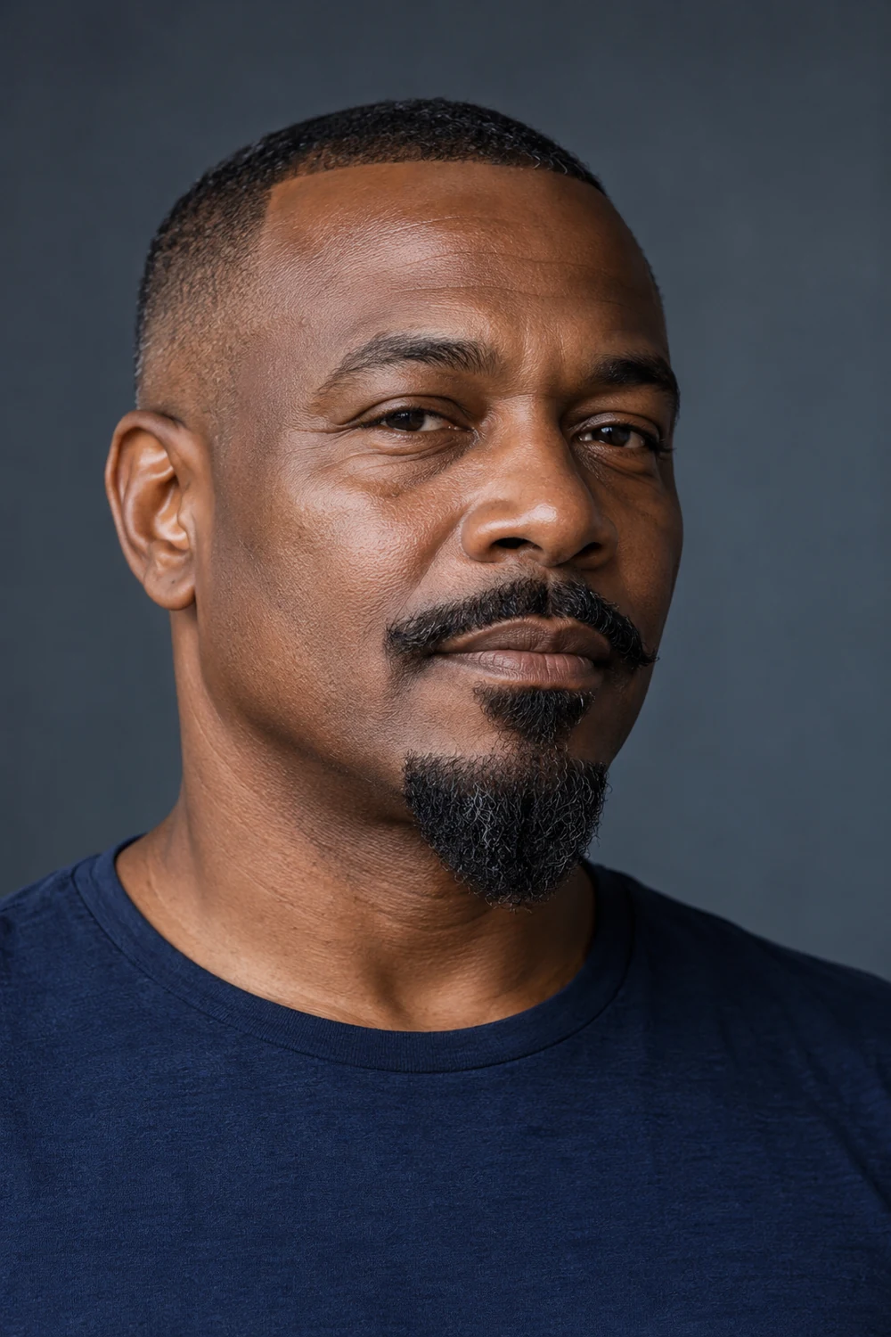 Fictional adult Black man in three-quarter view with a separate curved mustache and pointed Van Dyke goatee.