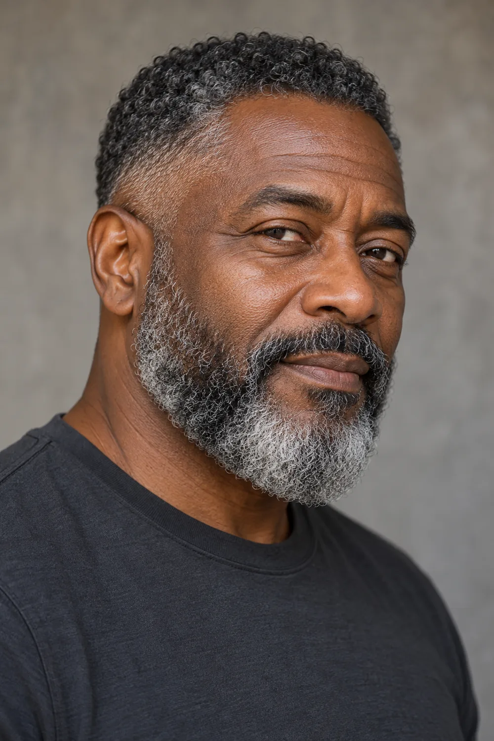 Fictional mature Black man in a three-quarter portrait, wearing a charcoal shirt and a medium salt-and-pepper beard with a softly tapered rounded chin and connected mustache.